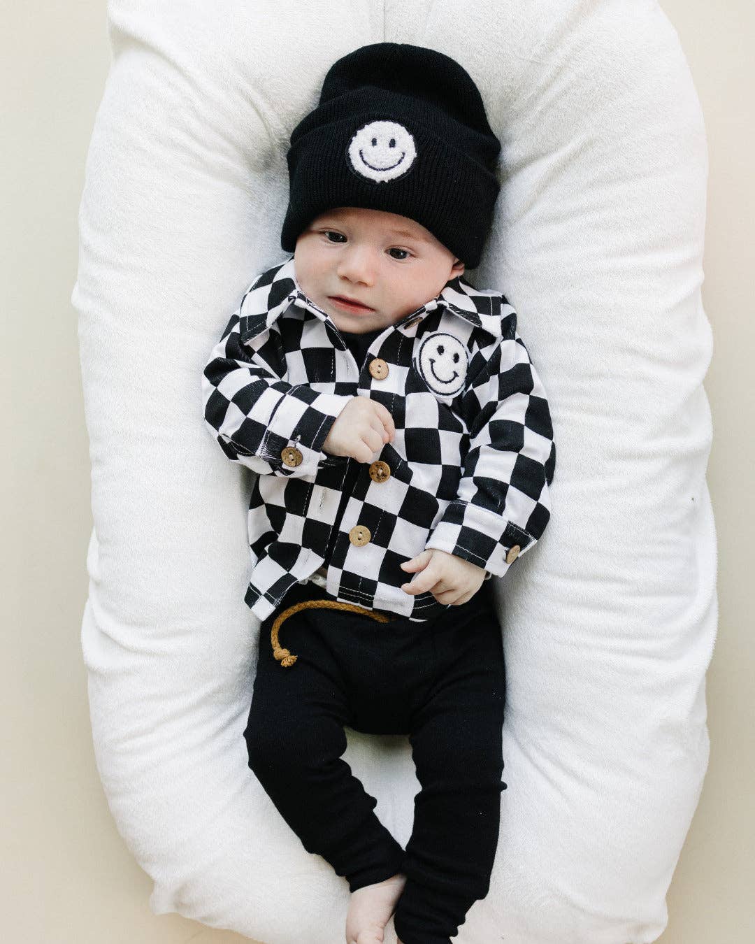 Baby & Kids Cotton Shacket| Smiley Checkered Black