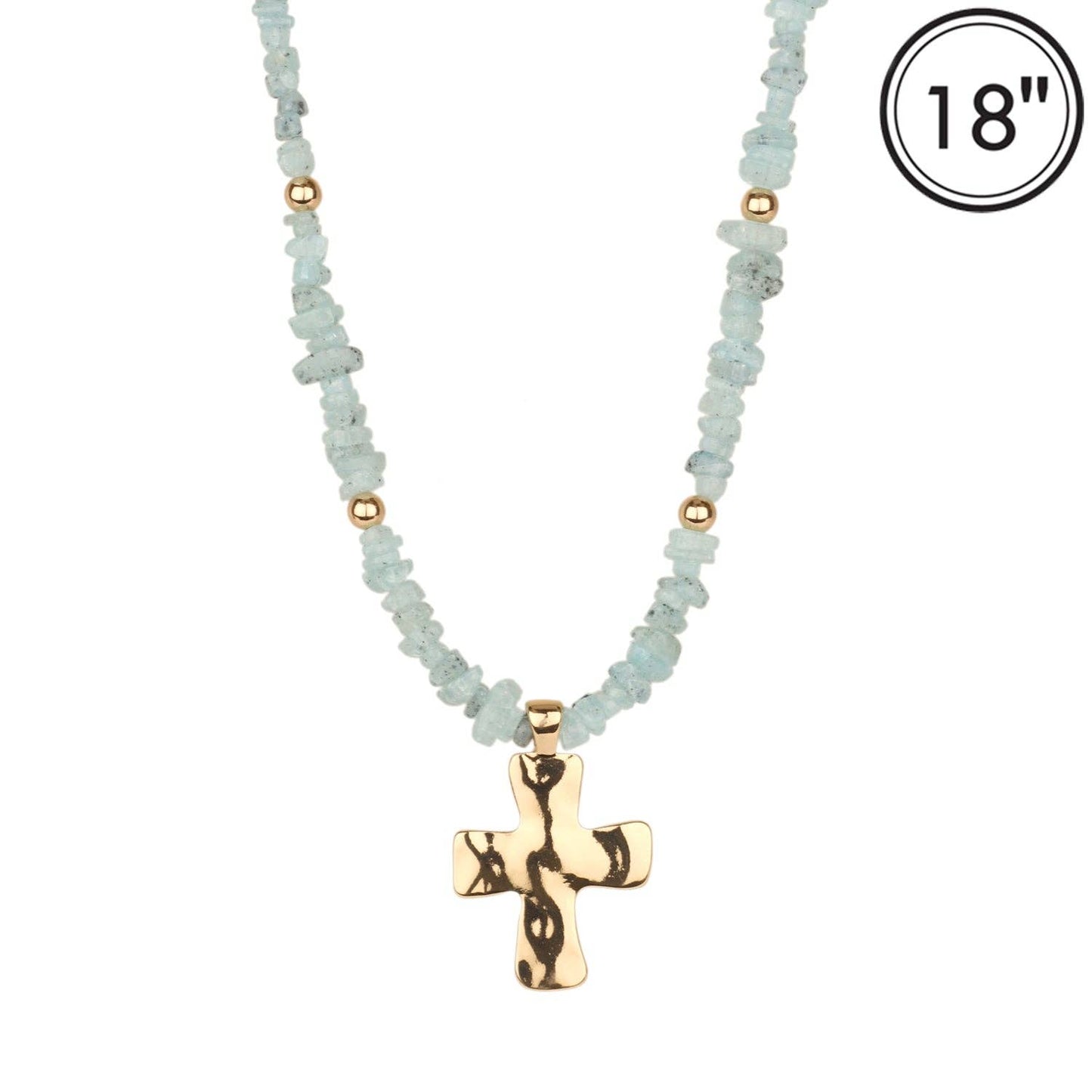 Mint Natual Stone with Shiny Gold Cross 16"-18" Necklace
