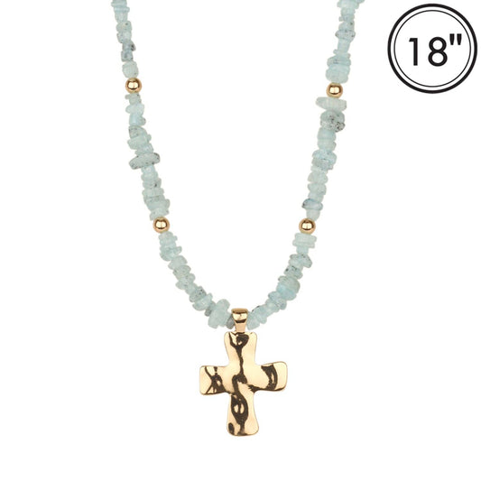 Mint Natual Stone with Shiny Gold Cross 16"-18" Necklace