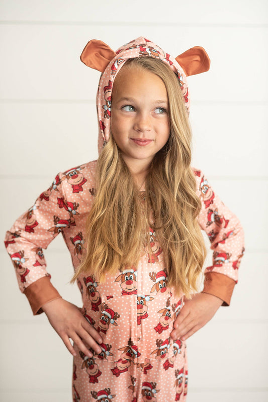 Kids Pink Christmas Holiday Reindeer Zipper Onesie Set