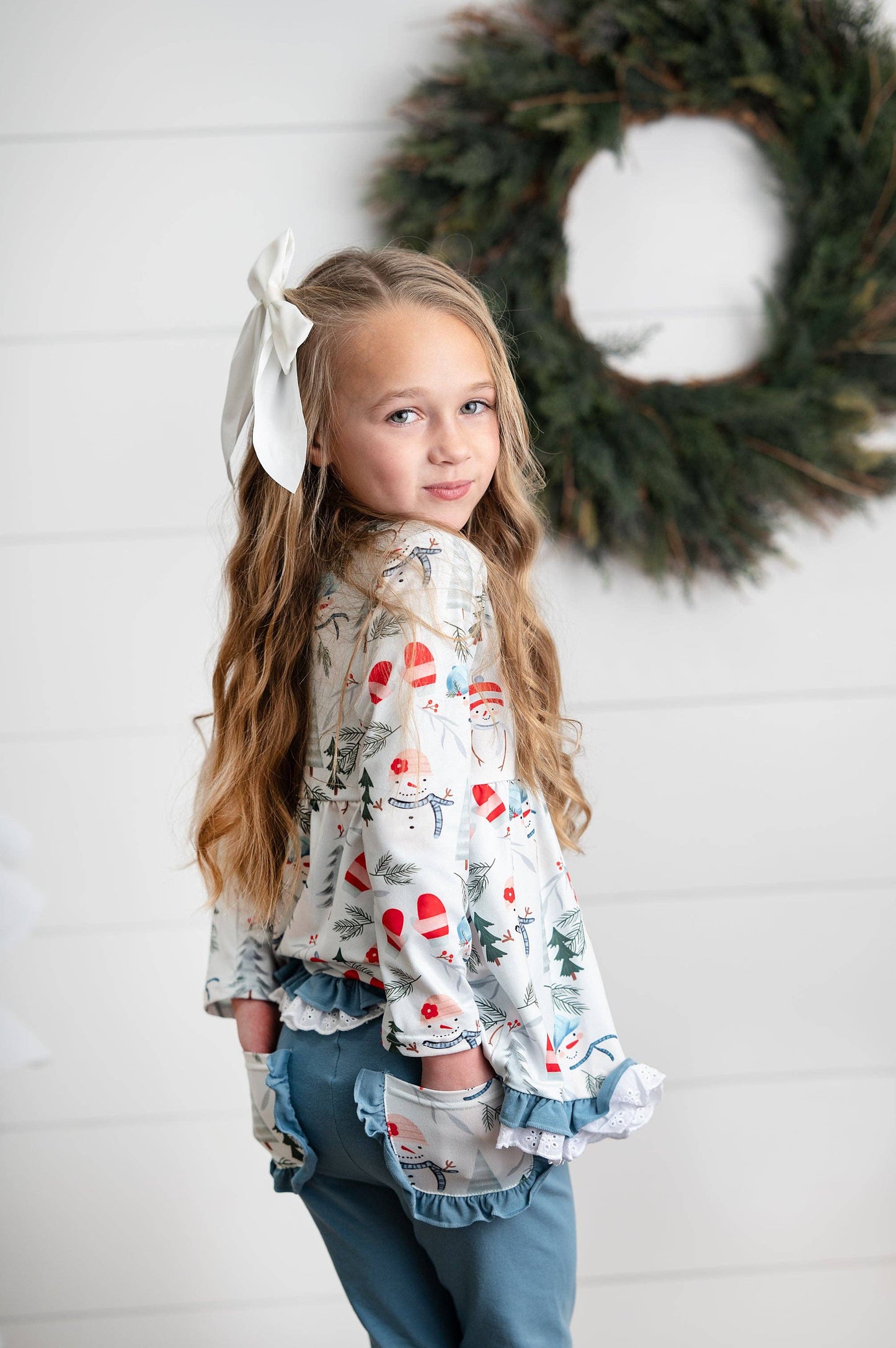 Girls Snowman Lace Ruffle Pocket Winter Holiday Pant Set