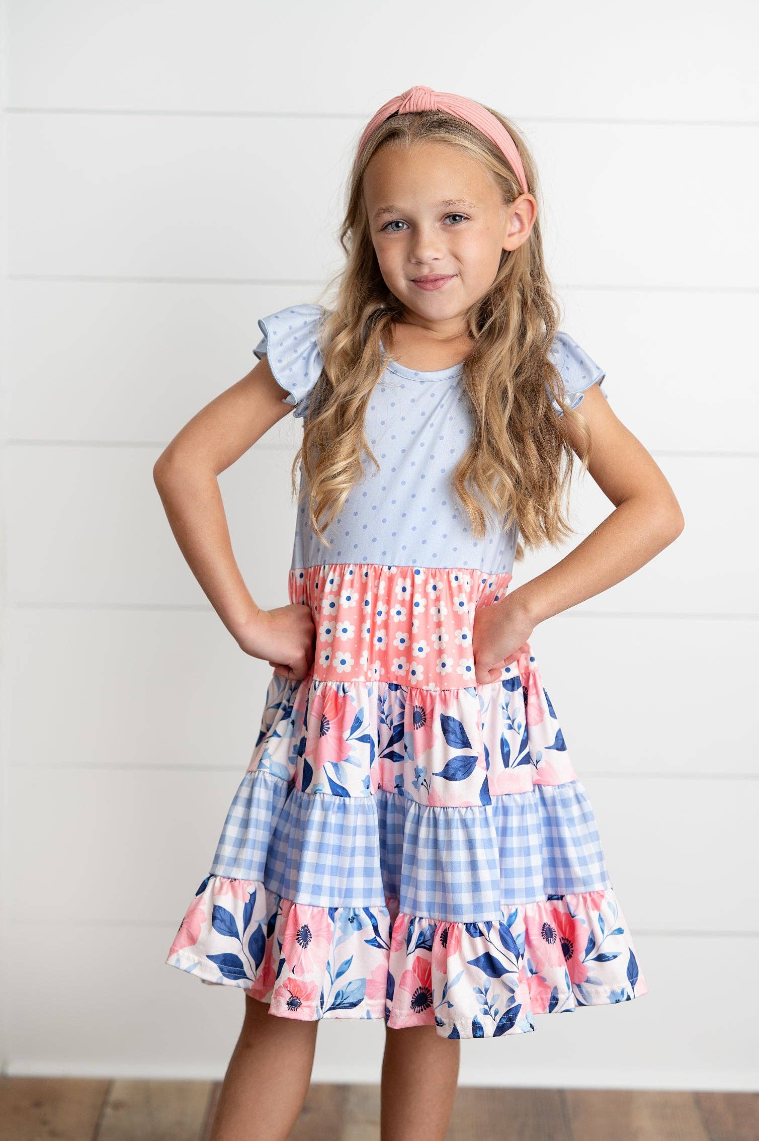 Girls Ava Periwinkle Floral Checkered Spring Tiered Dress