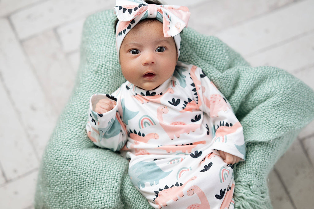 Infant Girls Pastel Dino Baby Gown and Bow Headband Set