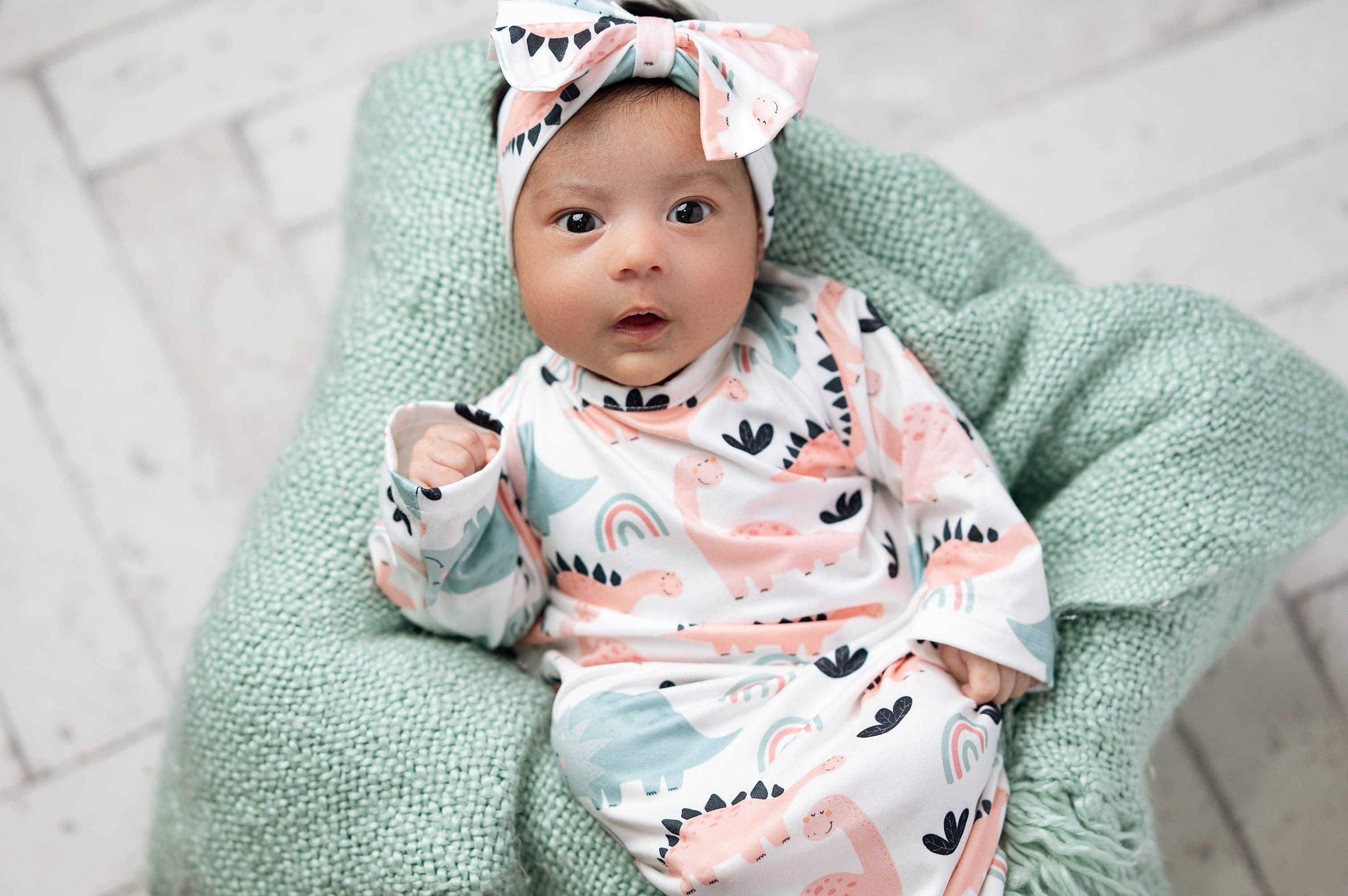 Infant Girls Pastel Dino Baby Gown and Bow Headband Set