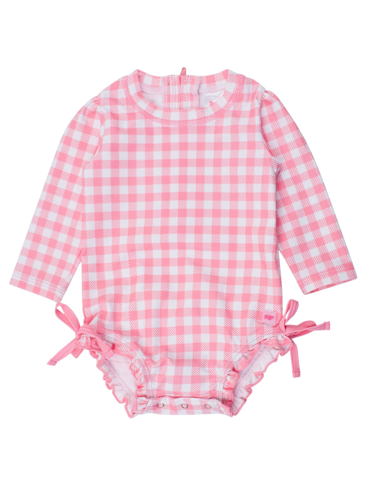 Baby Girls Bubblegum Gingham Long Sleeve One Piece Rash Guard Swimsuit with Signature Rear Ruffles