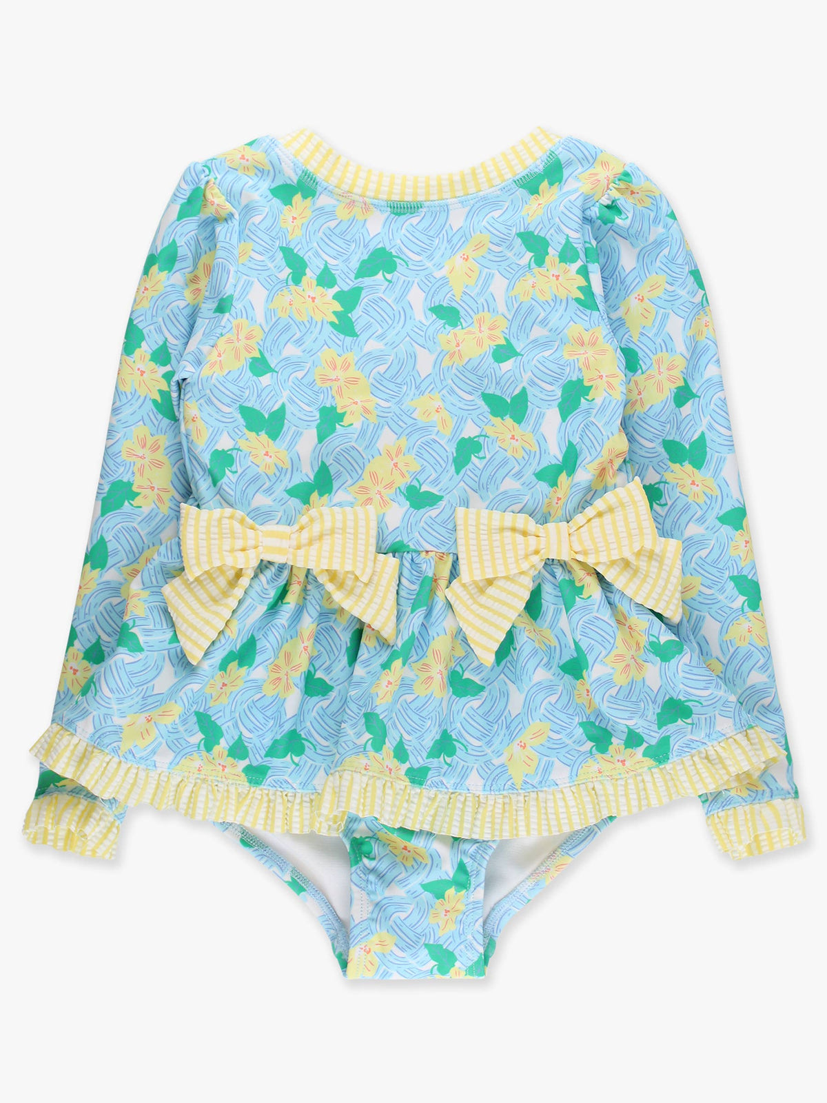 Girls Blooming Basket Long Sleeve One Piece Bow Peplum Rash Guard Swimsuit