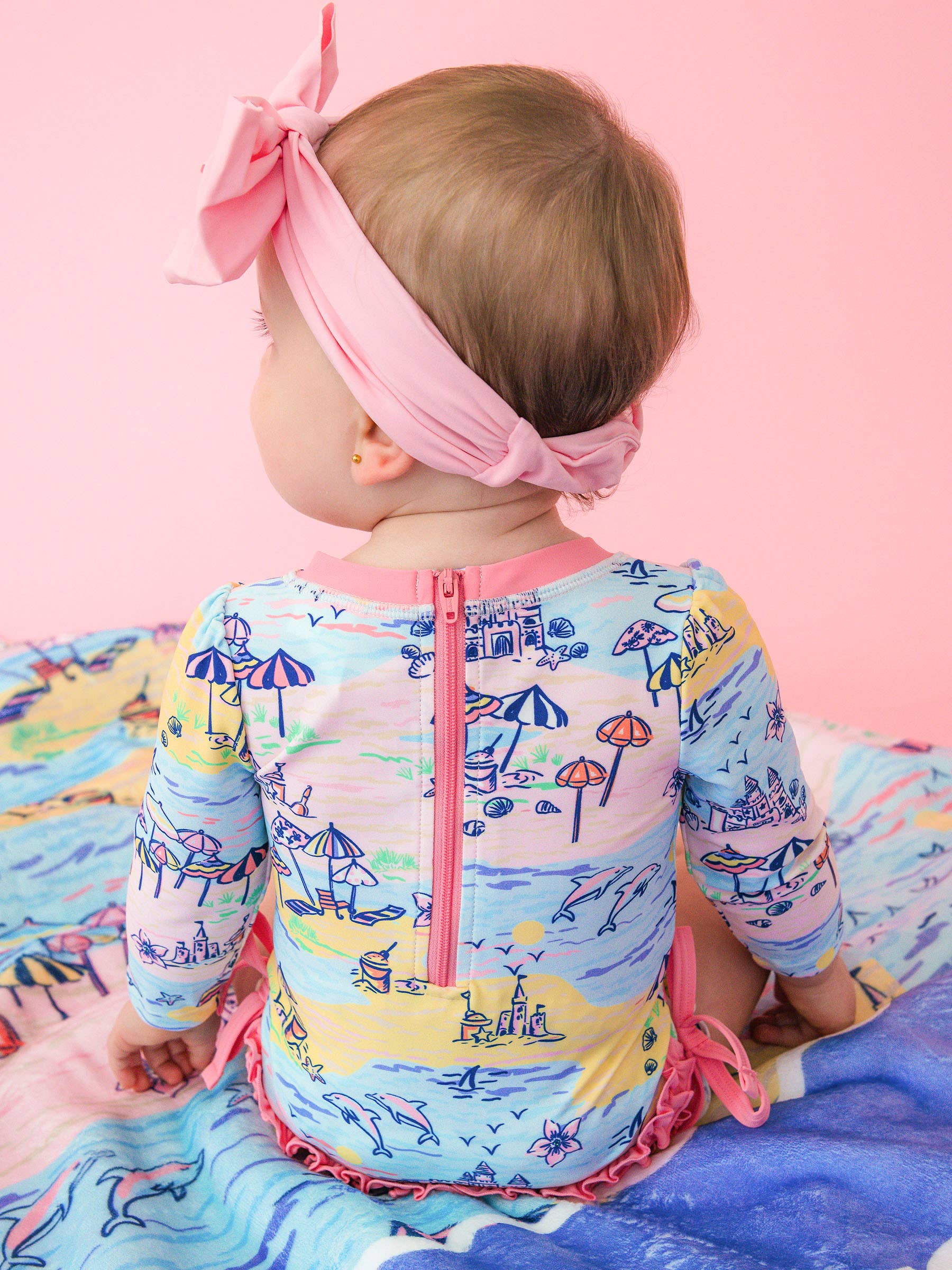 Baby Girls Beach Day Long Sleeve One Piece Rash Guard Swimsuit with Signature Rear Ruffles