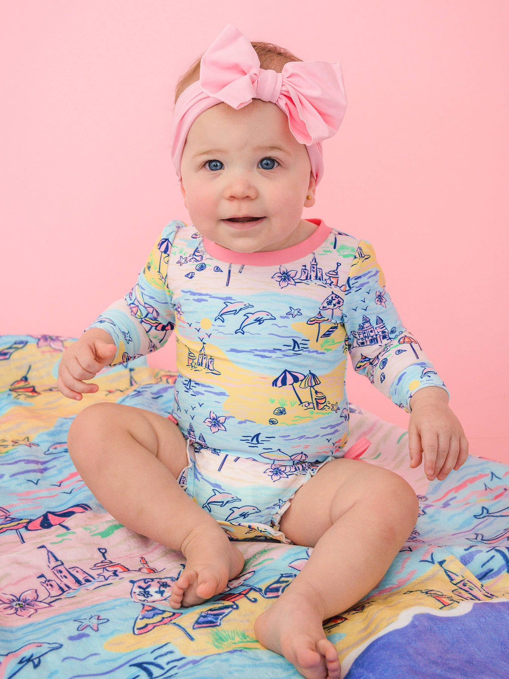 Baby Girls Beach Day Long Sleeve One Piece Rash Guard Swimsuit with Signature Rear Ruffles