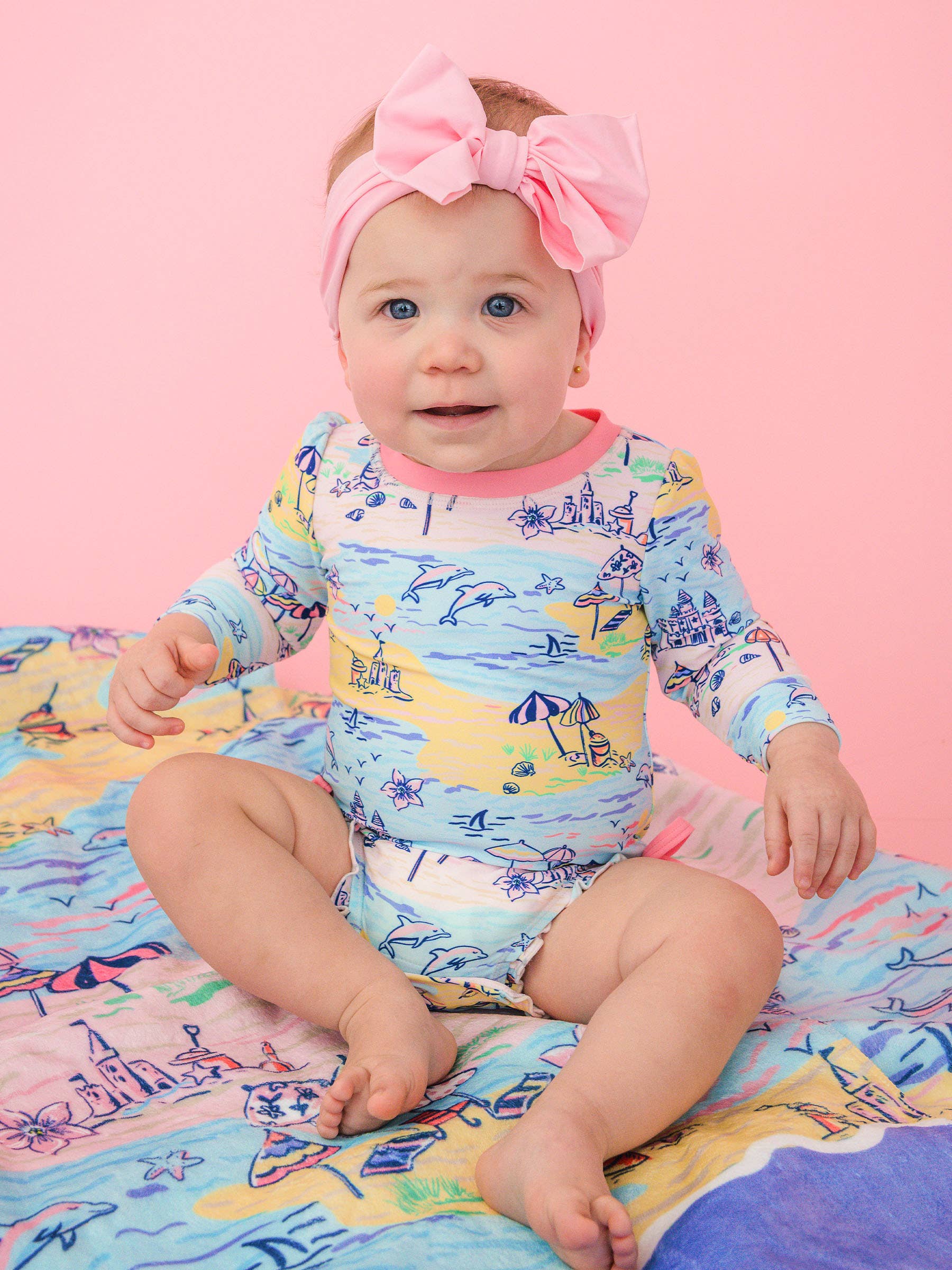 Baby Girls Beach Day Long Sleeve One Piece Rash Guard Swimsuit with Signature Rear Ruffles