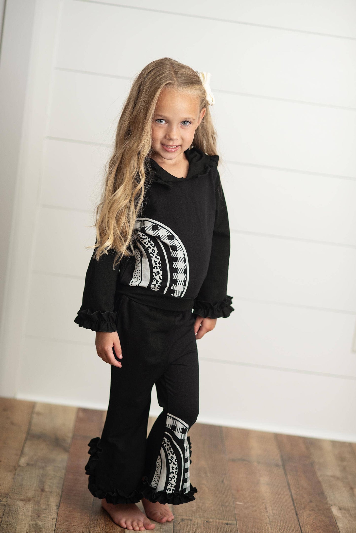 Kids Black & White Rainbow Check Hooded Ruffle Pocket Set