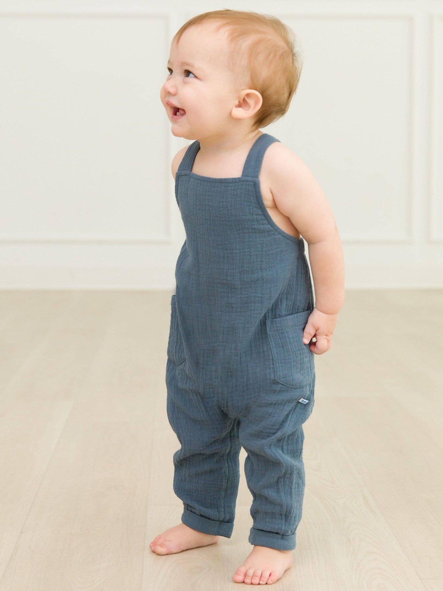 Baby Boys Steel Blue Cotton Gauze Overall Jumpsuit