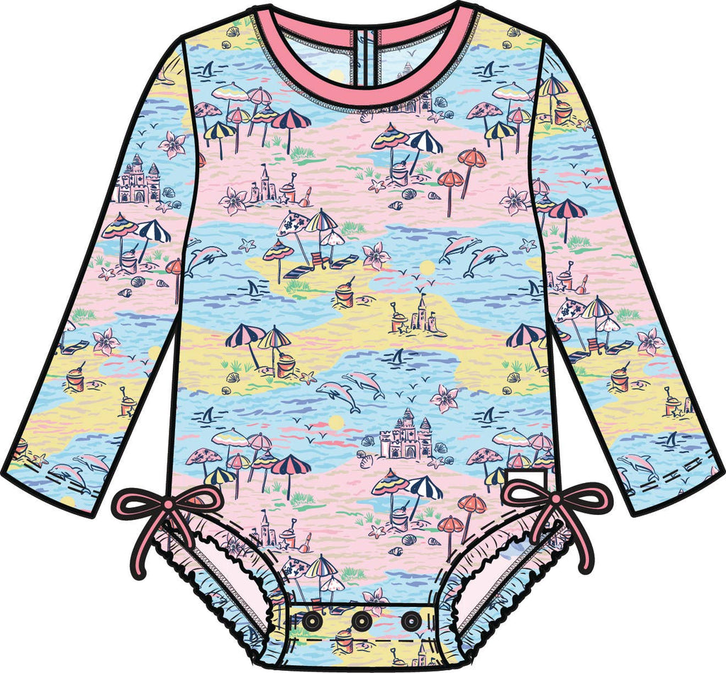 Baby Girls Beach Day Long Sleeve One Piece Rash Guard Swimsuit with Signature Rear Ruffles