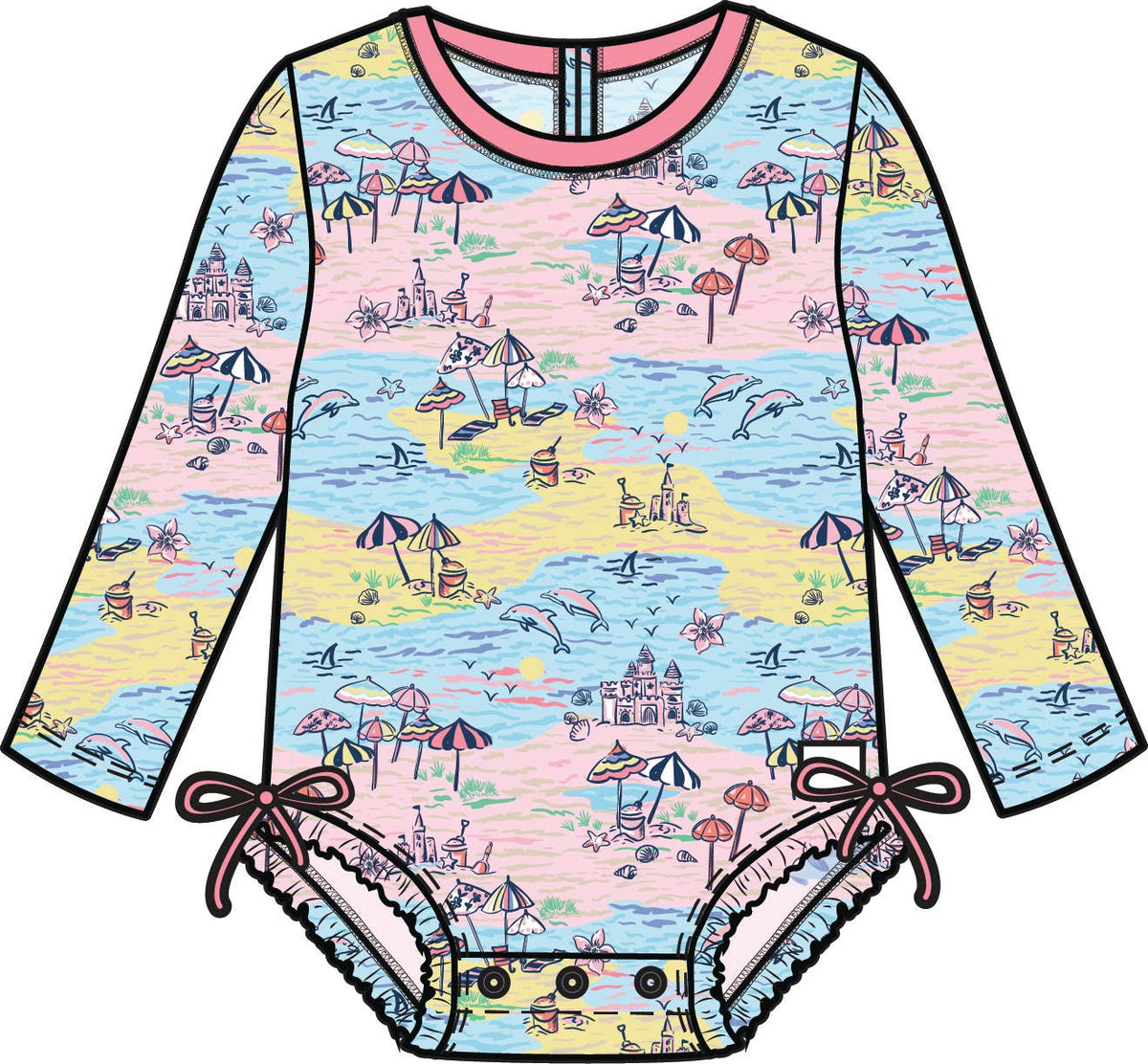 Baby Girls Beach Day Long Sleeve One Piece Rash Guard Swimsuit with Signature Rear Ruffles