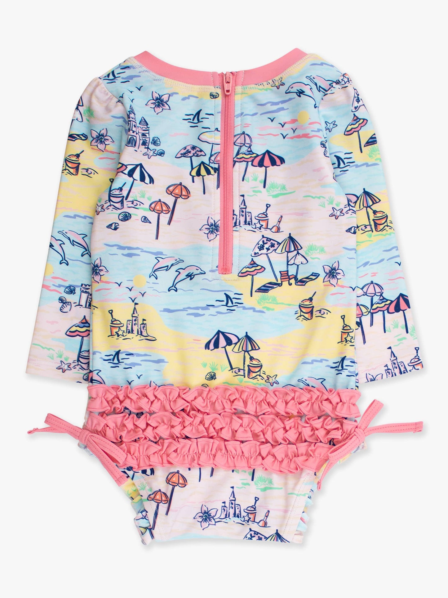 Baby Girls Beach Day Long Sleeve One Piece Rash Guard Swimsuit with Signature Rear Ruffles