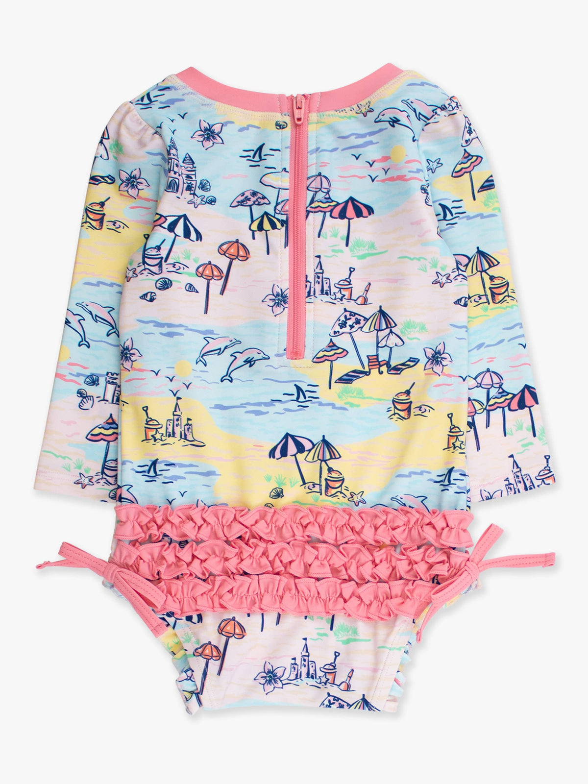Baby Girls Beach Day Long Sleeve One Piece Rash Guard Swimsuit with Signature Rear Ruffles