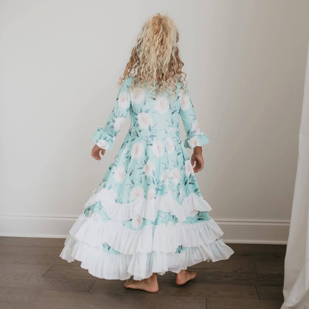 Kids Winter Mint Floral Long Sleeve Fall Ruffles Dress