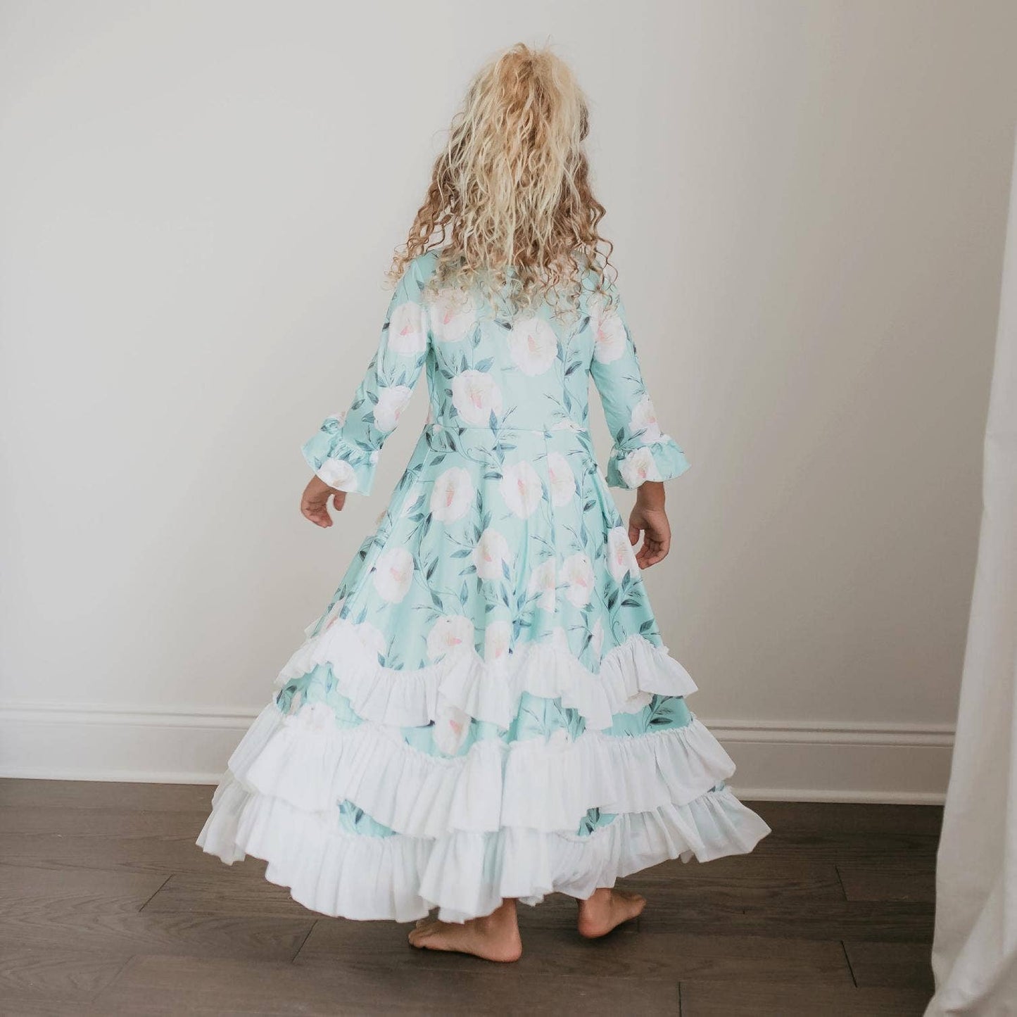 Kids Winter Mint Floral Long Sleeve Fall Ruffles Dress