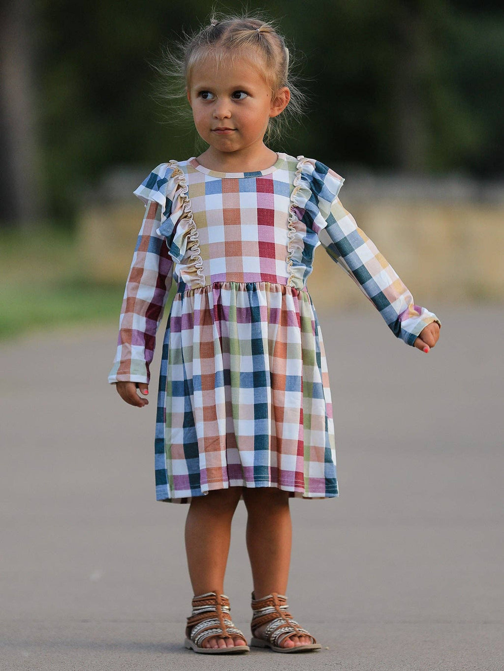 Fall Thanksgiving Plaid Long Sleeve Girls Dress