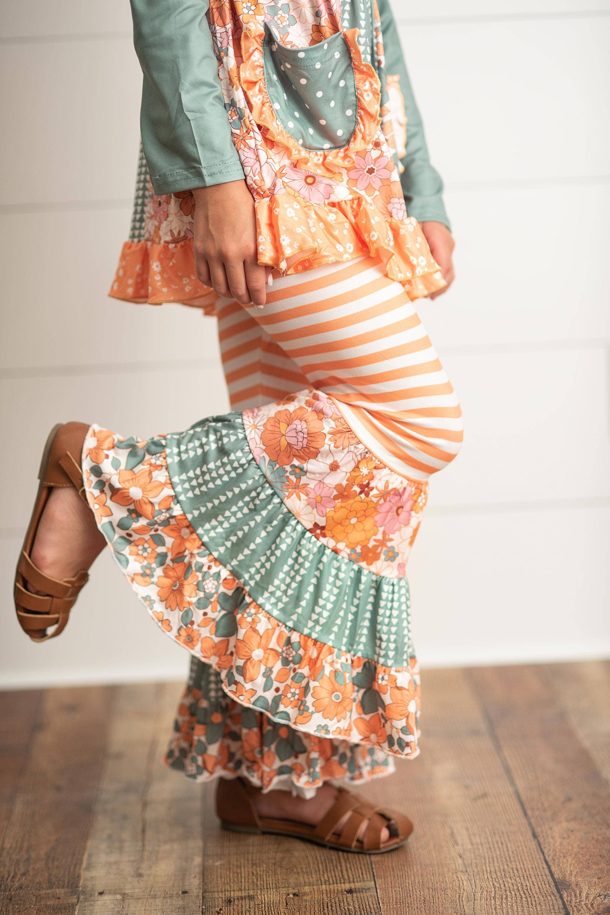 Kids Sage Floral Pocket Two Piece Bell Bottom Ruffle Set