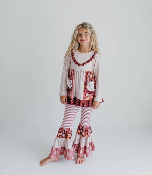 Kids Beige Heart Floral Pocket Bell Bottom Ruffle Pant Set