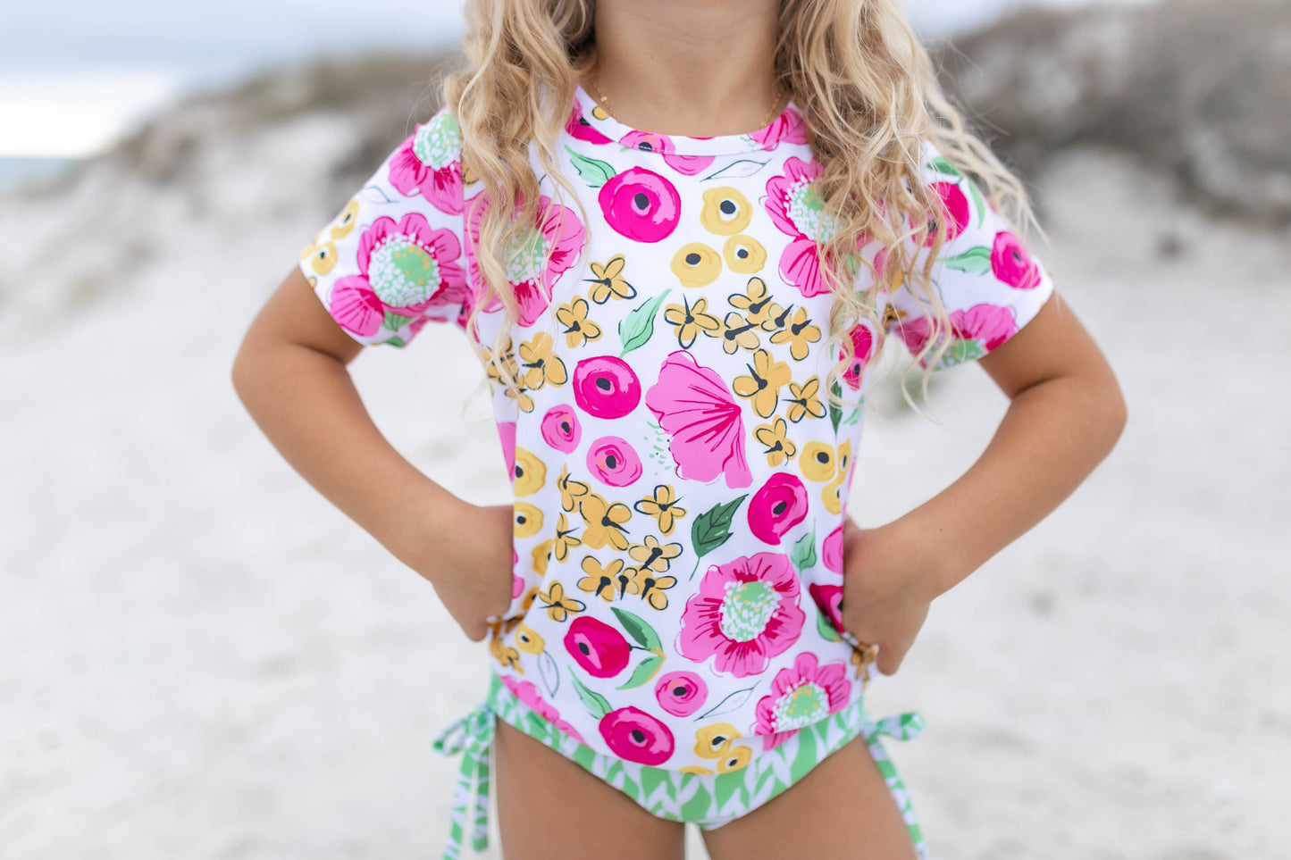 Kids Green, Mustard & Pink Floral Rash Guard Swimsuit