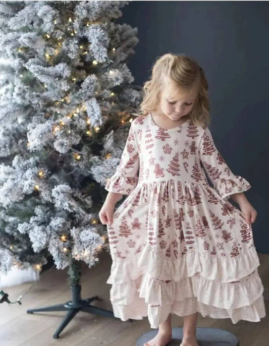Christmas Girls Blush Gingerbread Long Ruffle Holiday Dress