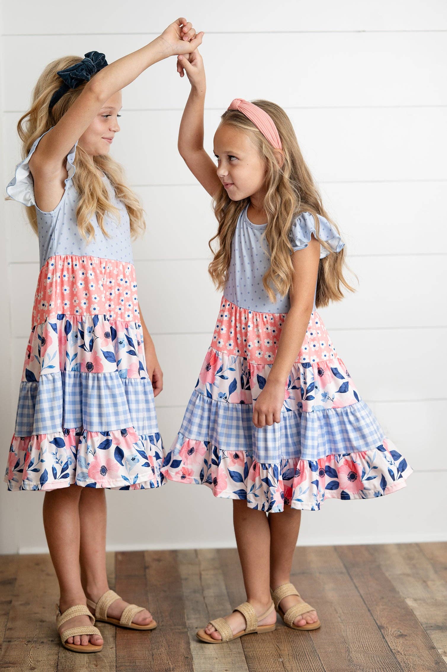 Girls Ava Periwinkle Floral Checkered Spring Tiered Dress