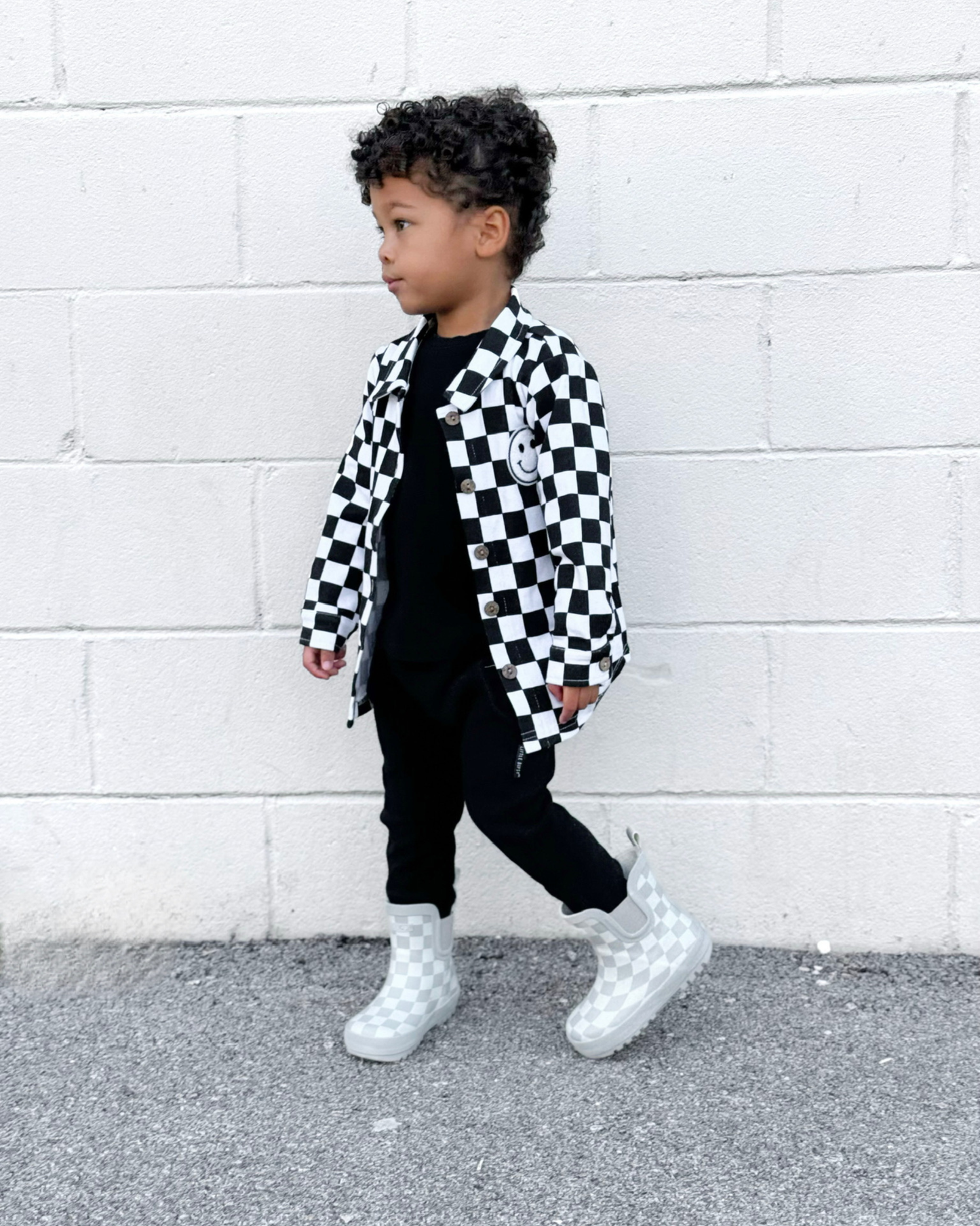 Baby & Kids Cotton Shacket| Smiley Checkered Black