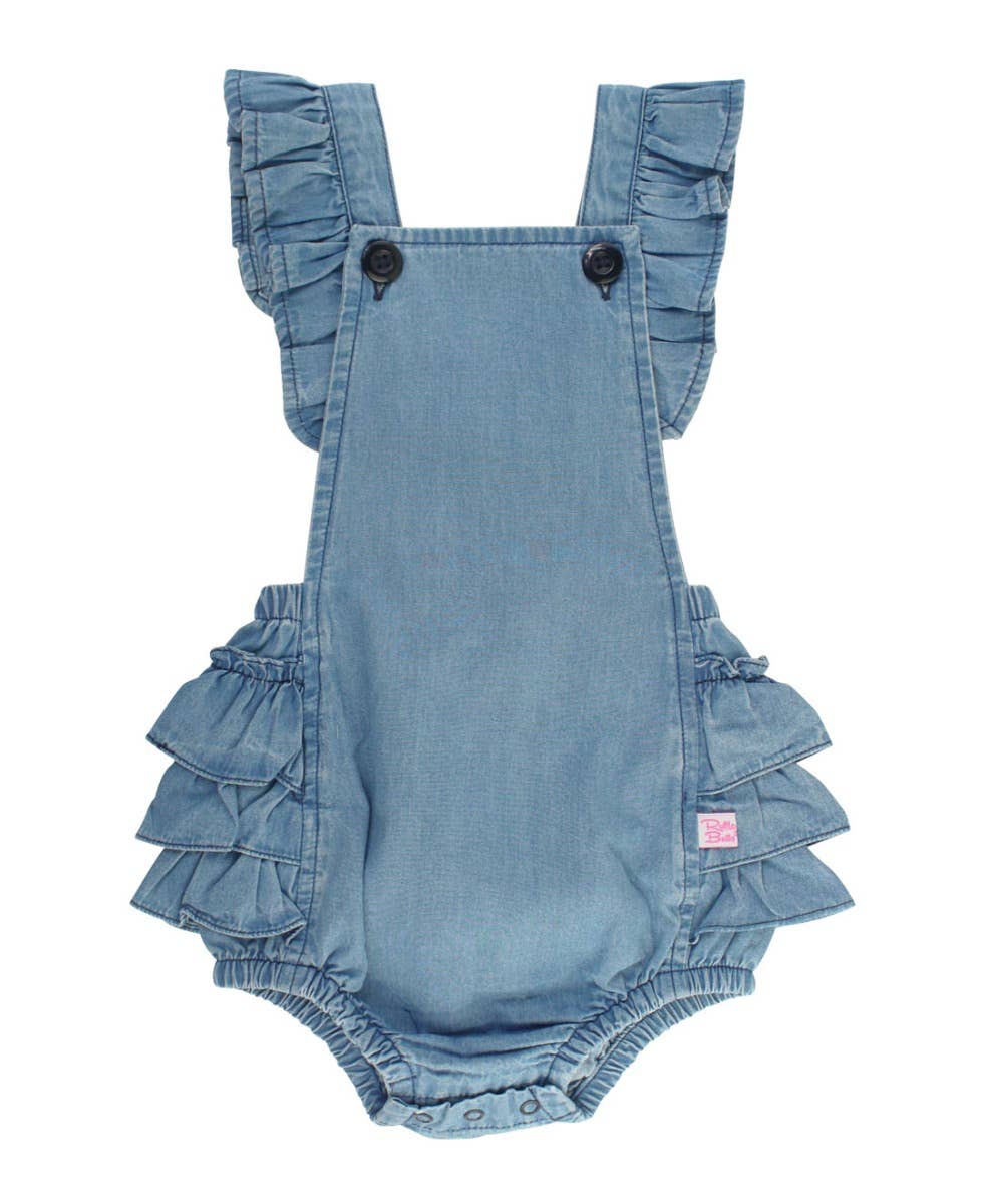 Baby Girls Light Wash Denim Woven Flutter Overall Romper