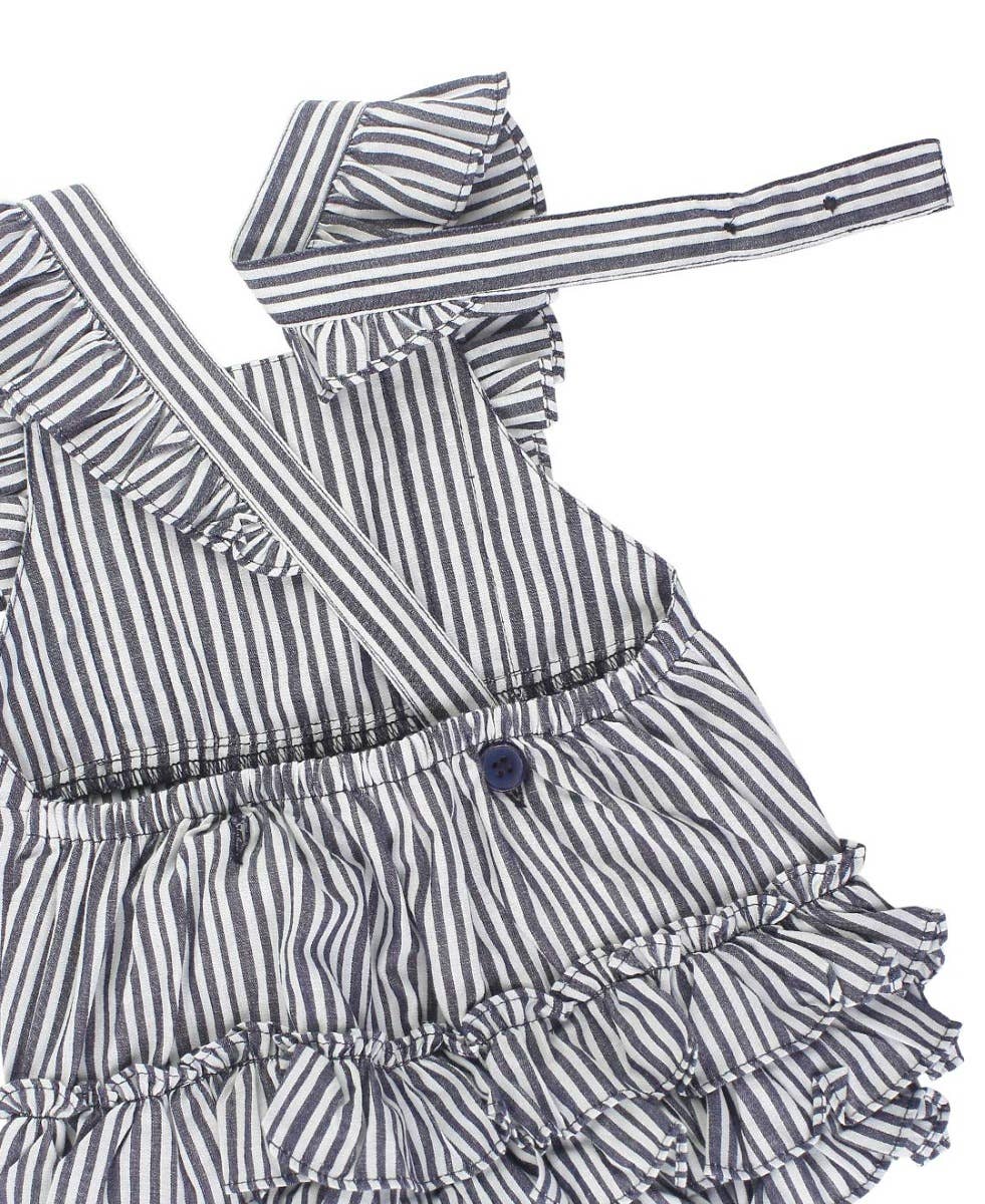 Baby Girls Dark Navy Micro Stripe Pinafore Cross-Back Woven Romper