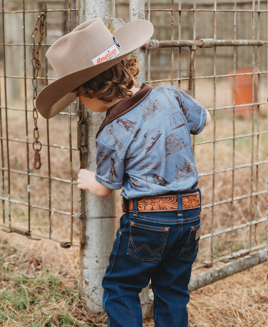 BOYS BLUE FARM PRINT POLO SHIRT