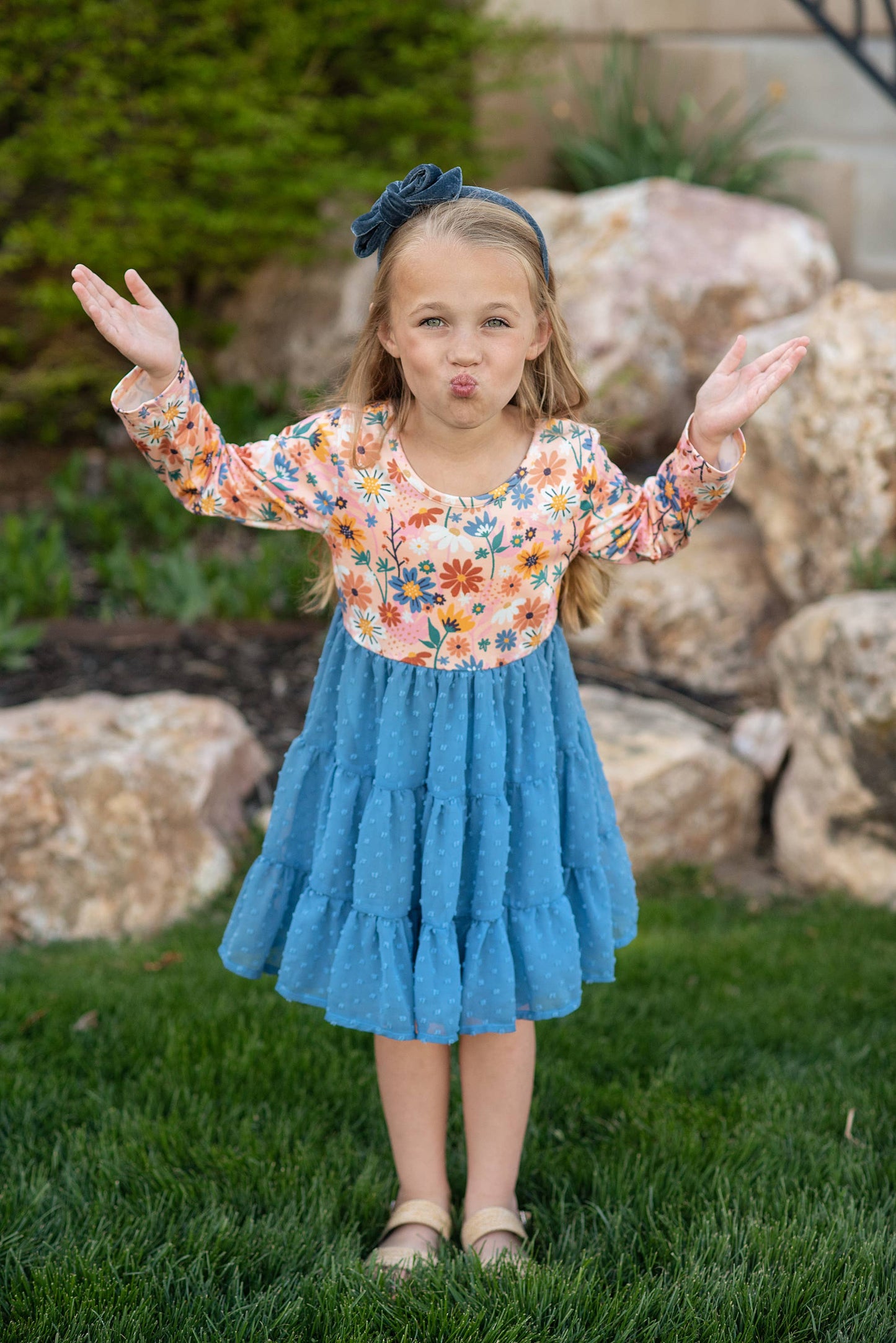 Kids Dusty Blue Flower Print Swiss Dot Tulle Fall Dress