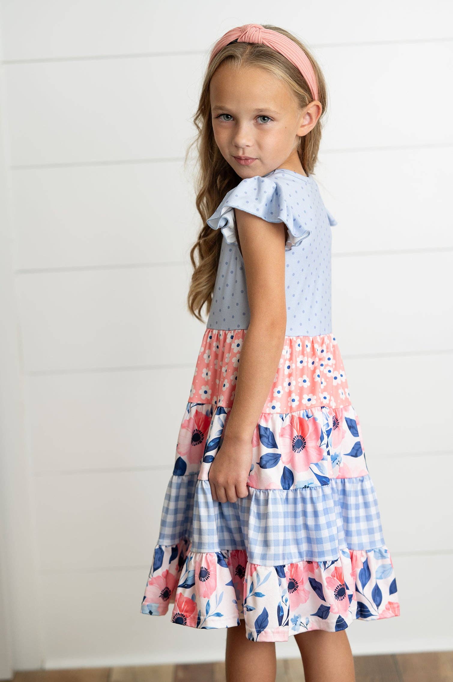 Girls Ava Periwinkle Floral Checkered Spring Tiered Dress