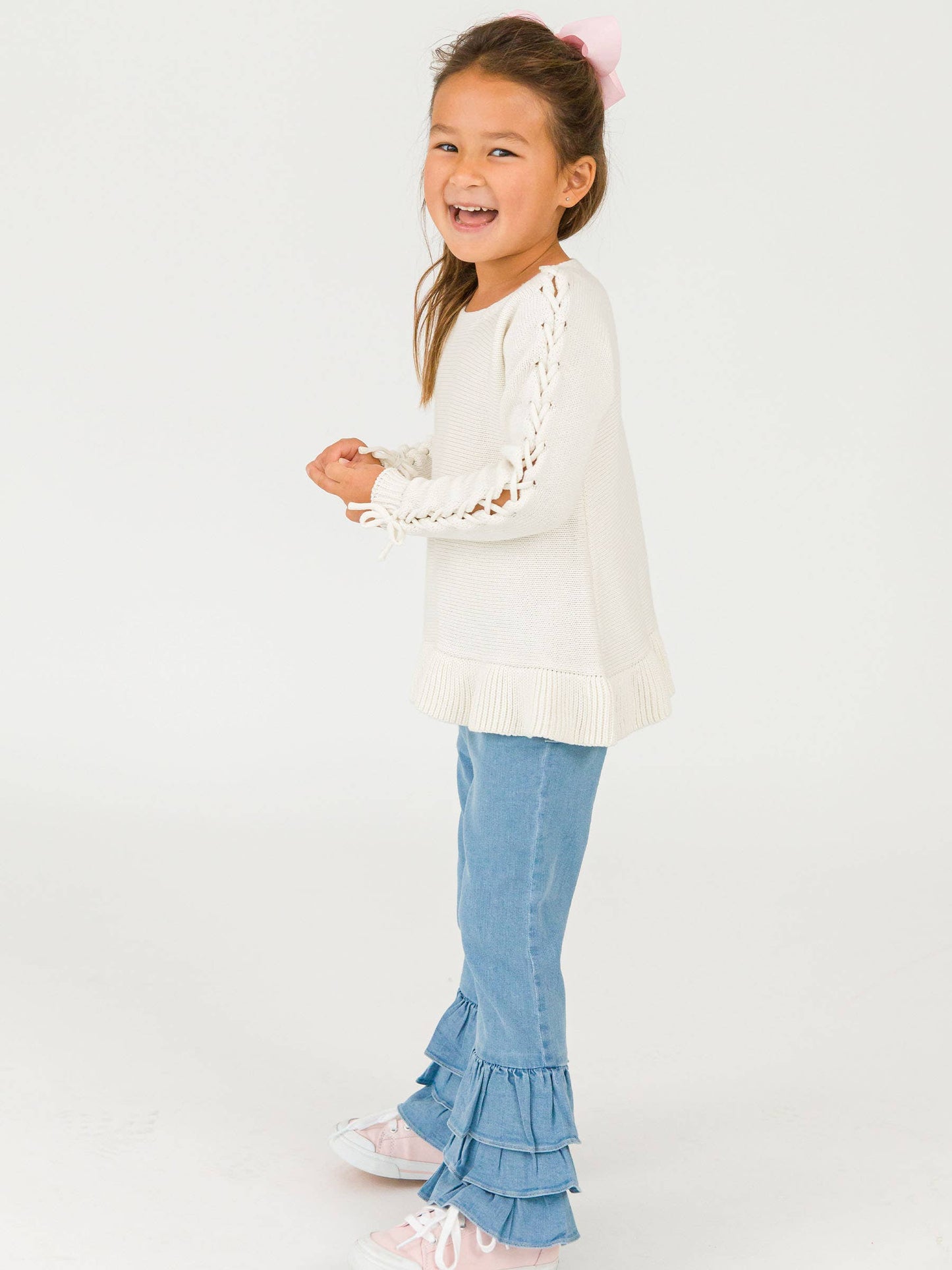 Toddler Girls Light Wash Denim Ruffle Flare Pants with Signature Rear Ruffles