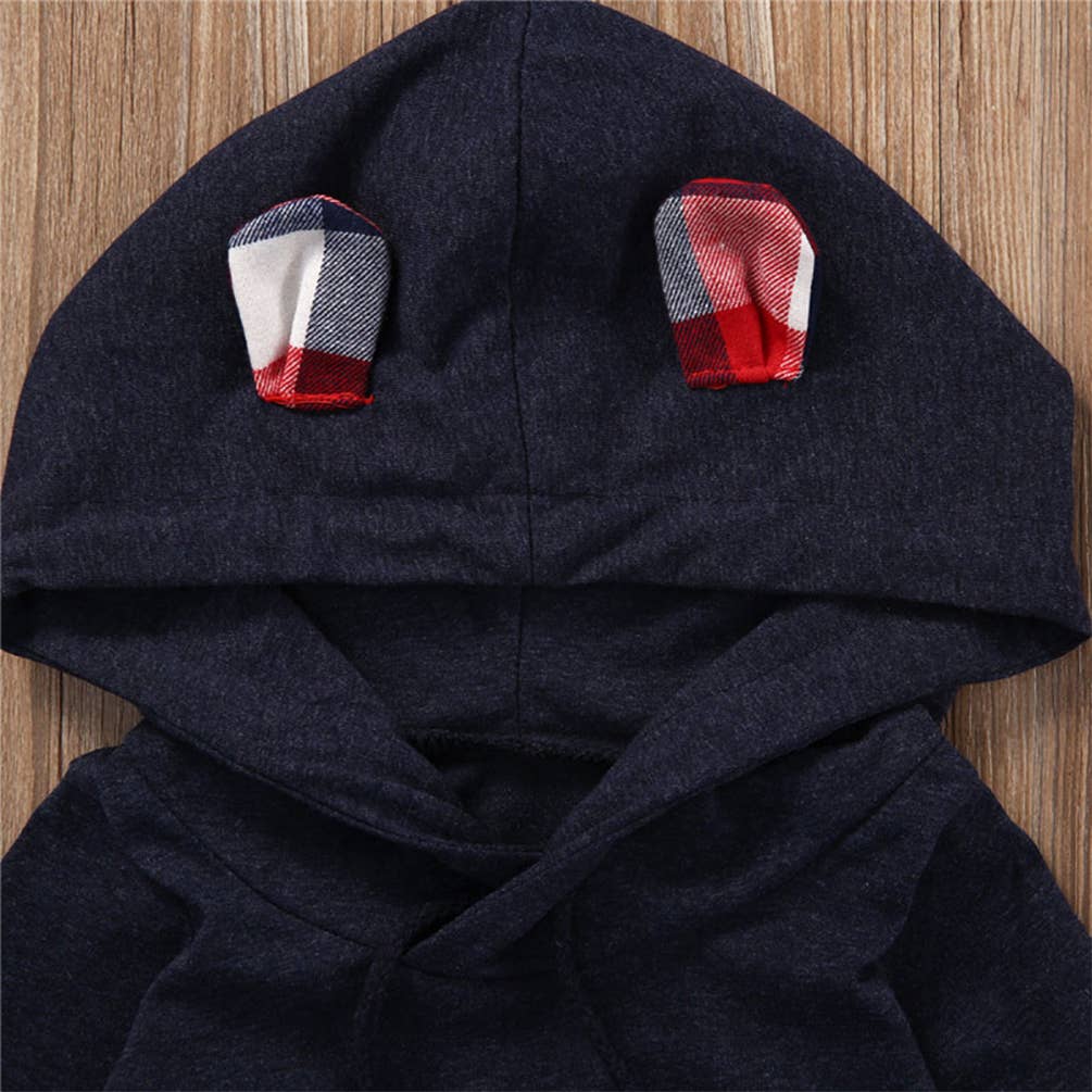 Navy Plaid Front Pocket Baby Hooded Romper