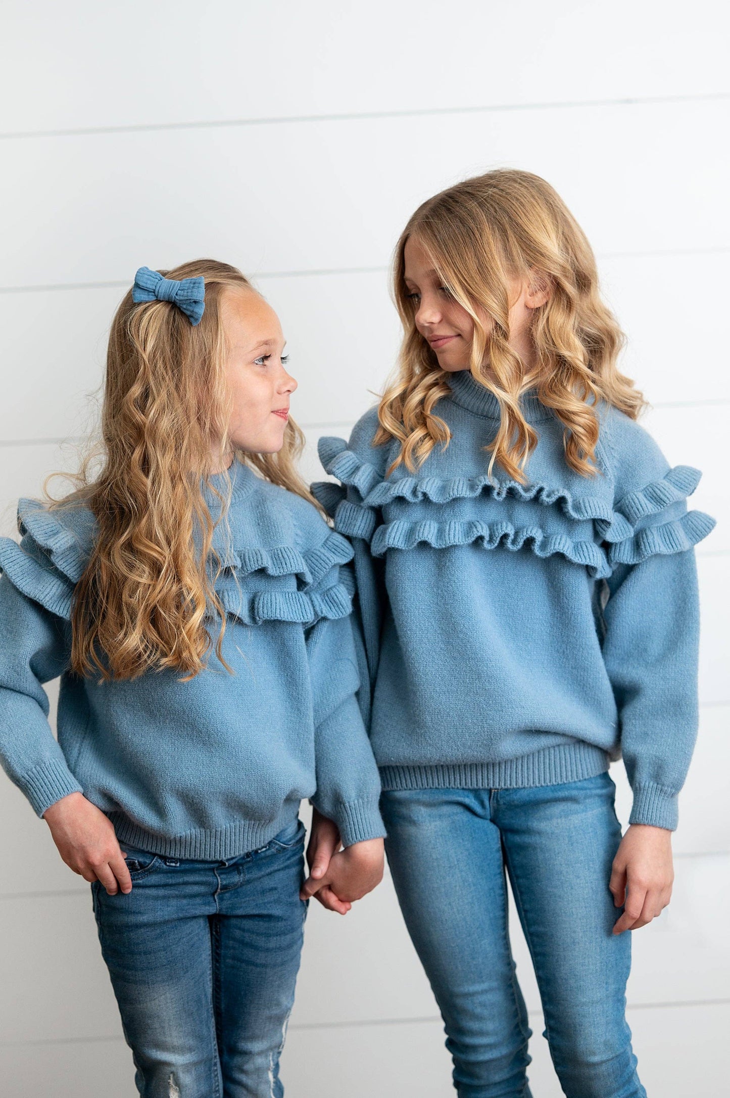 Kids Dusty Blue Double Ruffle Crew Neck Fall Winter Sweater