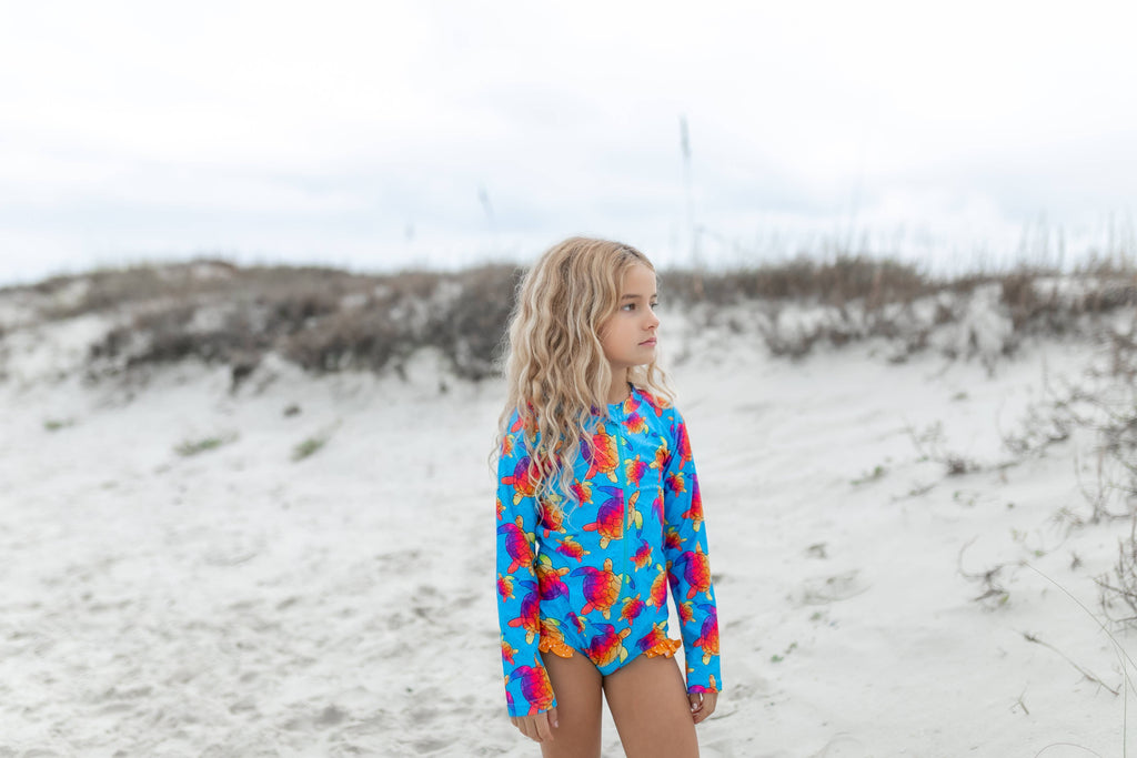 Kids Blue Rainbow Turtle Zip Rash Guard One Piece Swimsuit
