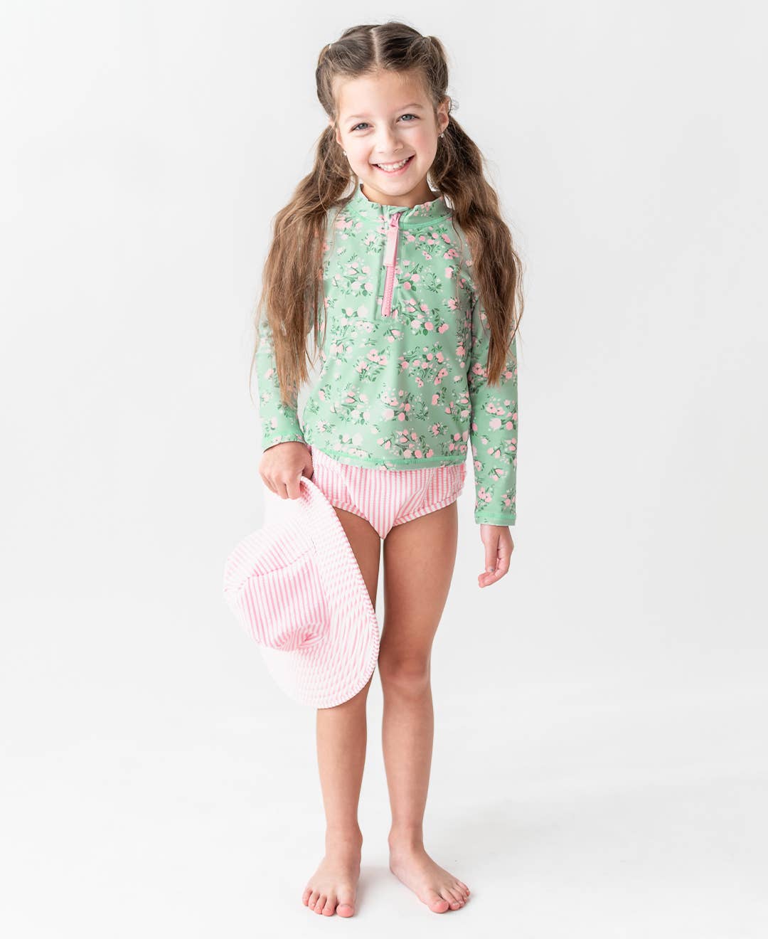 Girls Tea Roses Long Sleeve Zipper Rash Guard 2-Piece Swimsuit with Signature Rear Ruffles