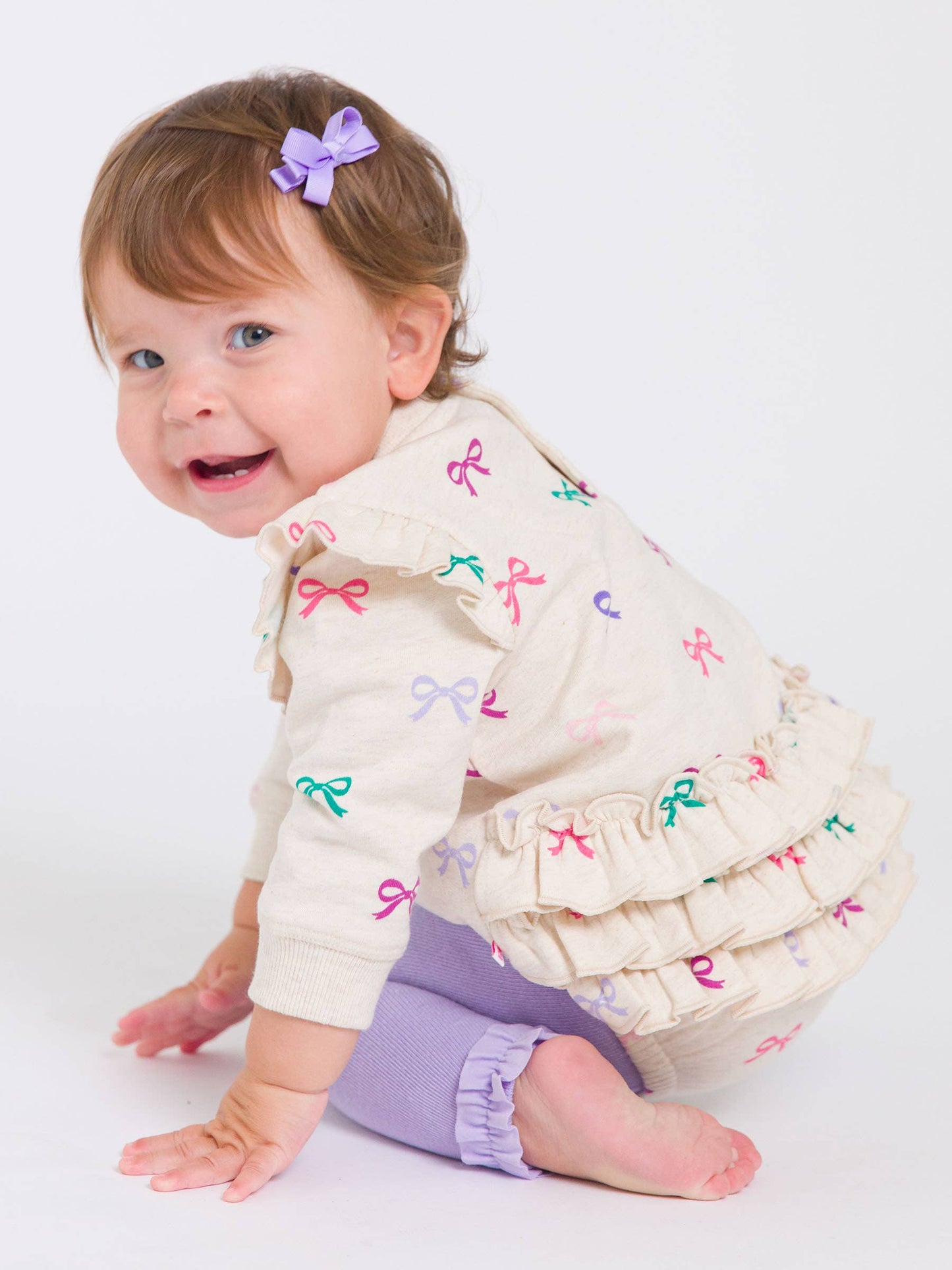 Baby Girls Heather Oatmeal Ribbons Sweatshirt Bubble Romper
