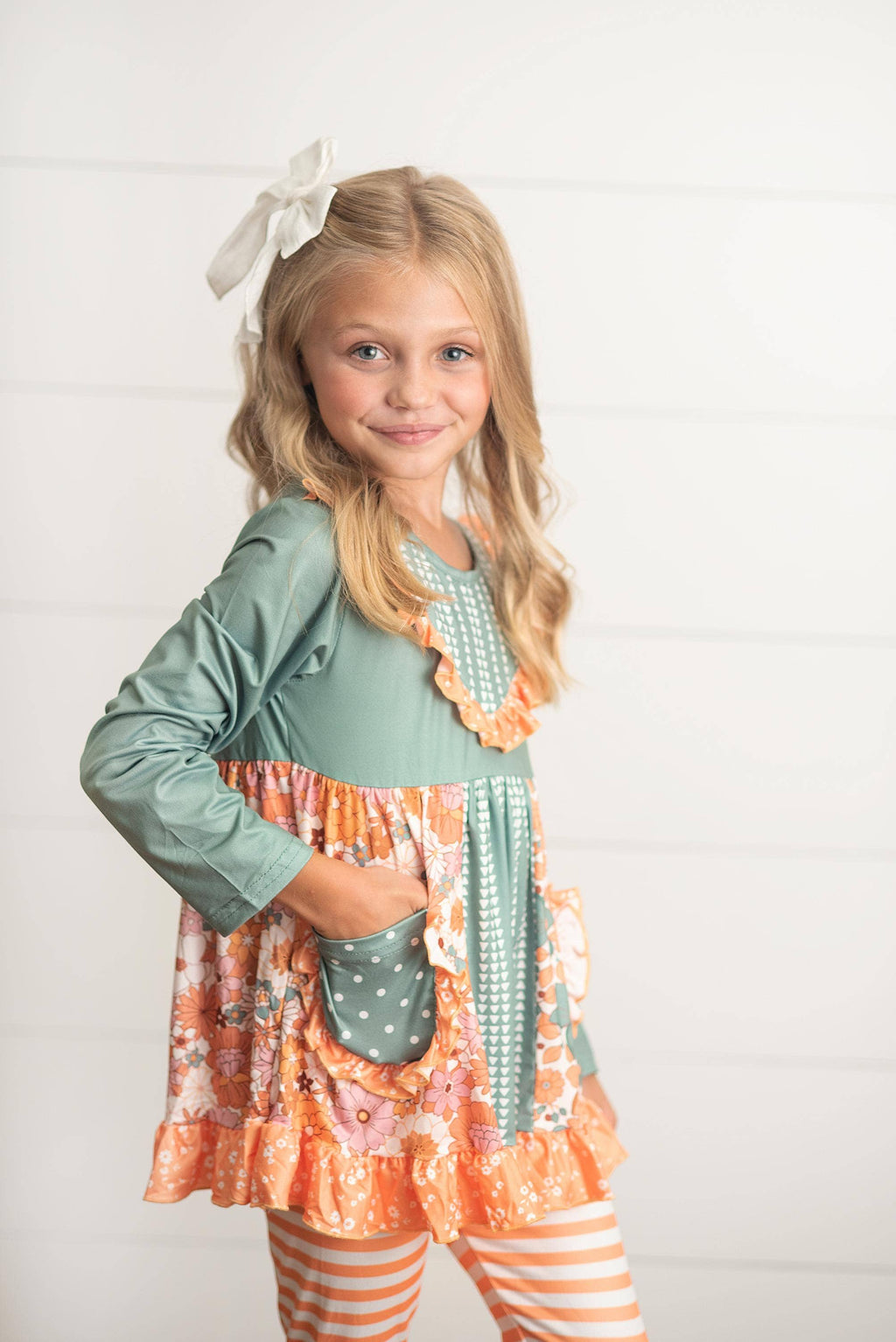 Kids Sage Floral Pocket Two Piece Bell Bottom Ruffle Set
