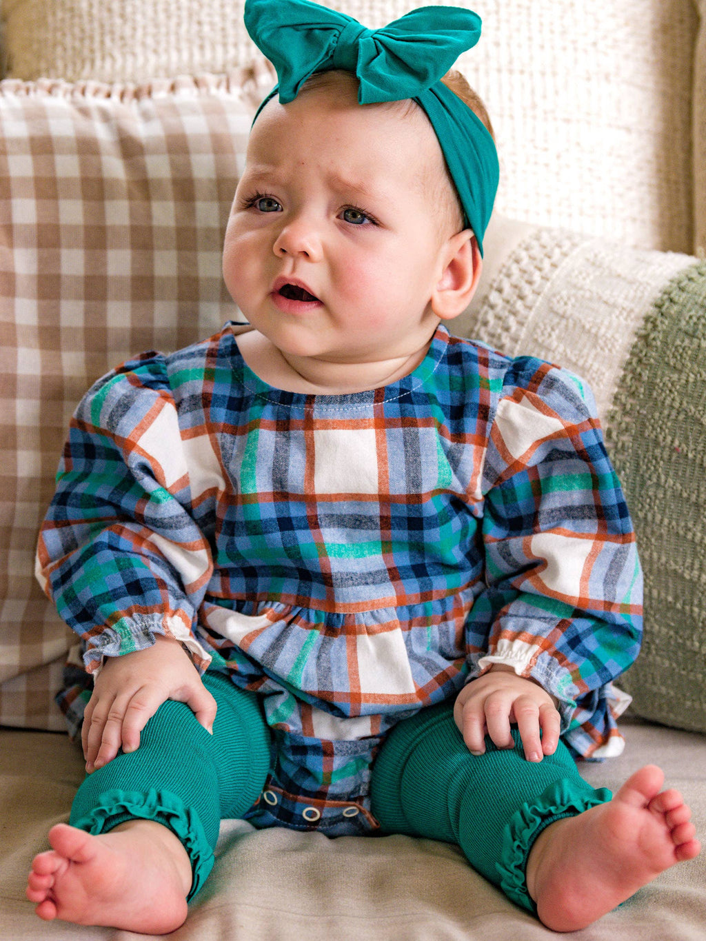 Baby Girls Peyton Plaid Woven Long Sleeve Bubble Romper