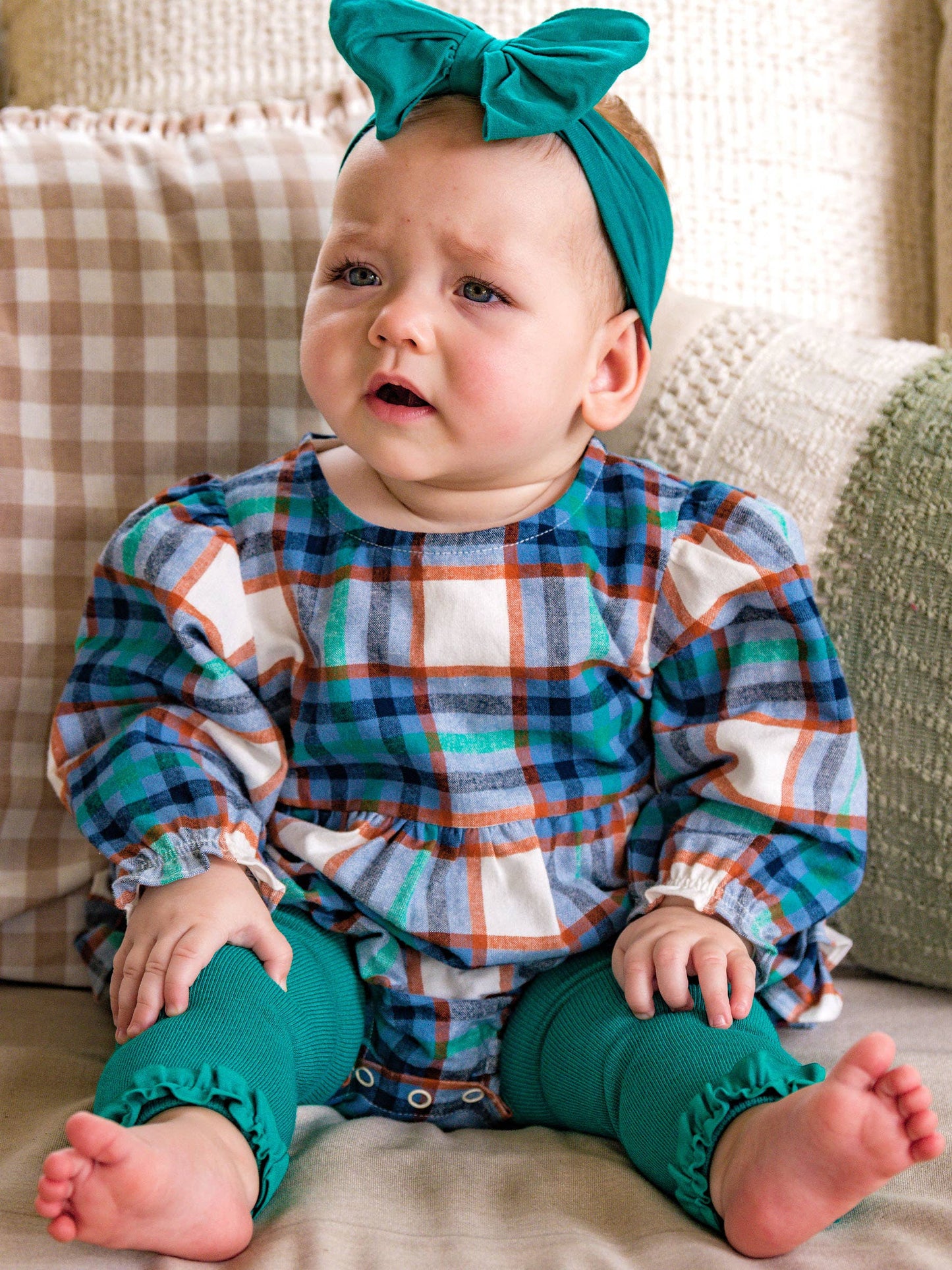 Baby Girls Peyton Plaid Woven Long Sleeve Bubble Romper