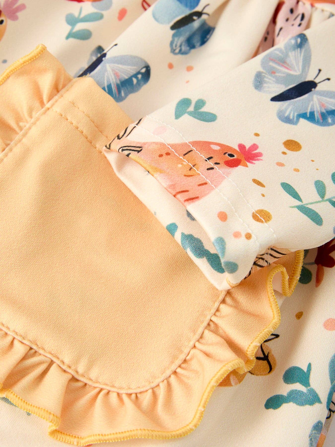 Charming Chicken & Butterfly Girls Dress with Cute Ruffled Pockets