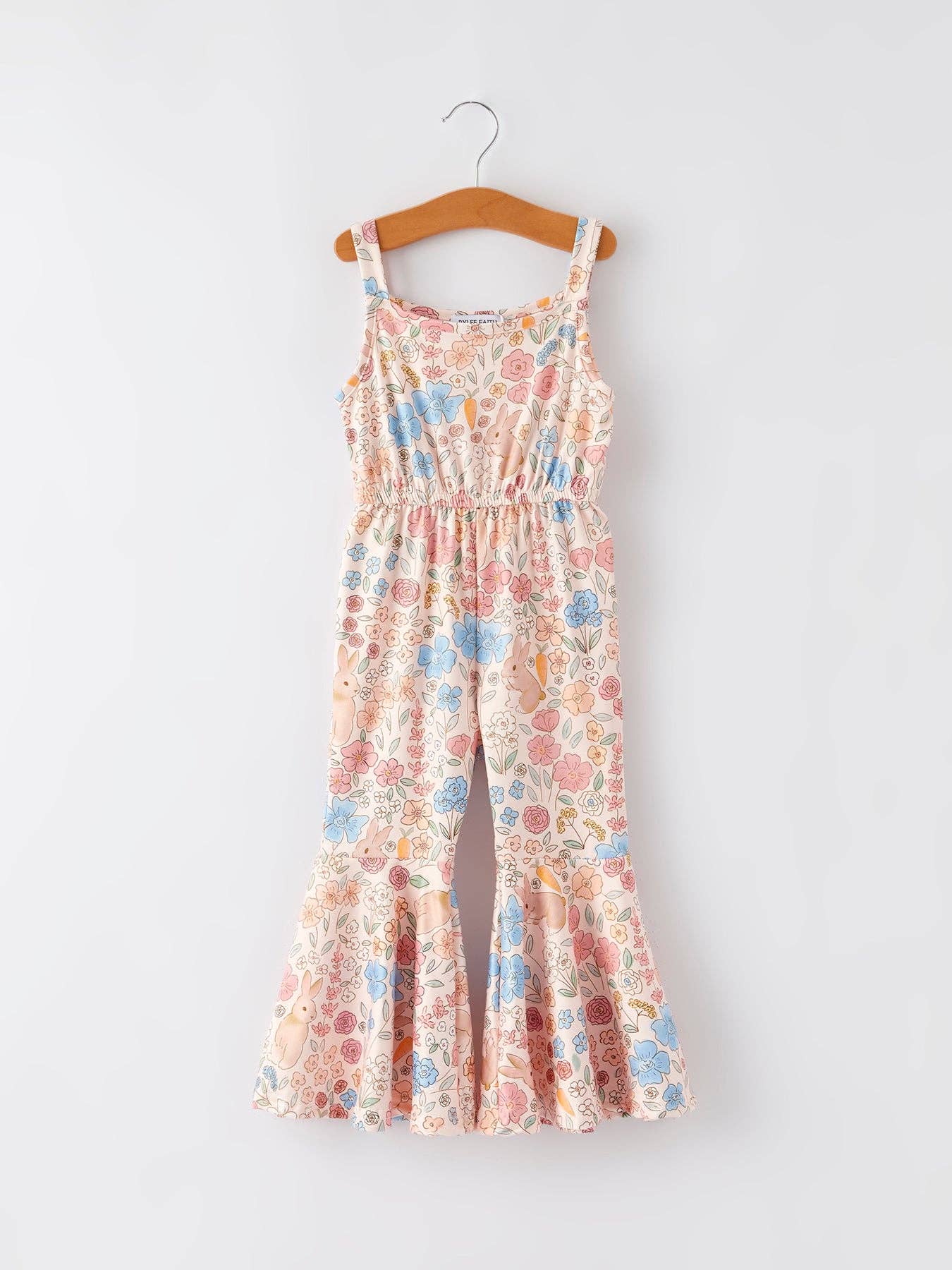 Easter Bunny Floral Print Girls Sling Flared Jumpsuit
