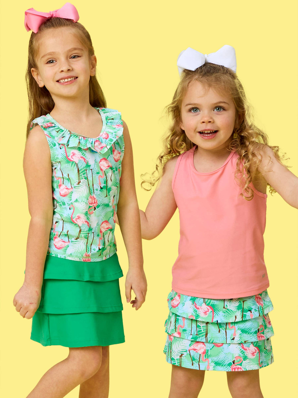Girls Green Vibrant Flamingo Active A-Line Bow Dress & Bike Short Set