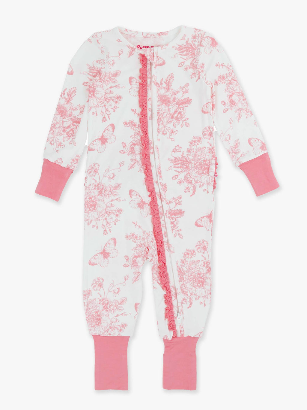 SoftSnooze™ Baby Girls Bamboo Viscose Pink Butterfly Garden Toile Convertible Ruffle One Piece Footie Pajama