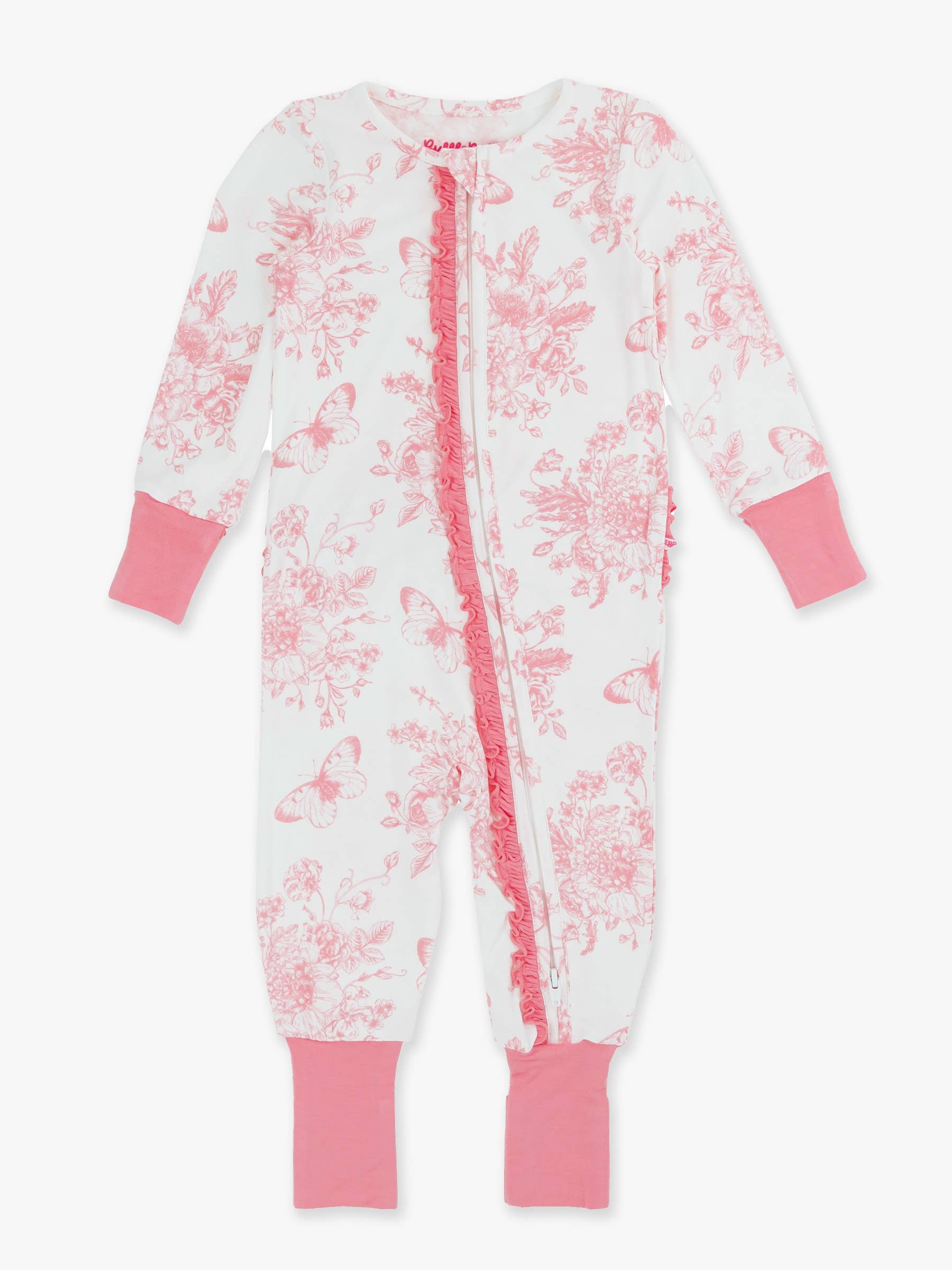 SoftSnooze™ Baby Girls Bamboo Viscose Pink Butterfly Garden Toile Convertible Ruffle One Piece Footie Pajama