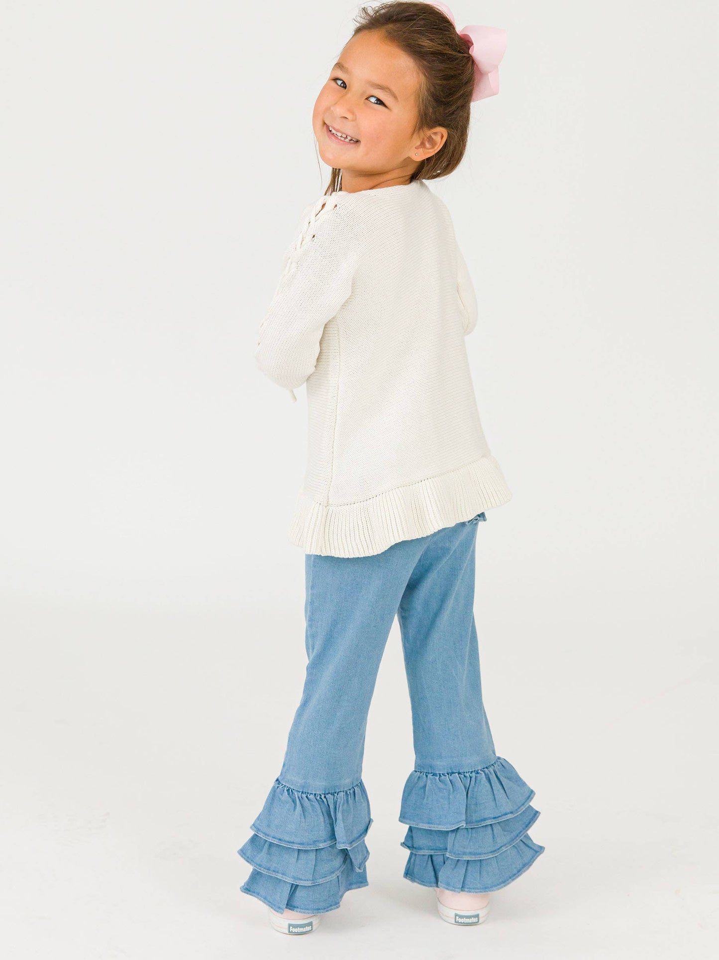 Toddler Girls Light Wash Denim Ruffle Flare Pants with Signature Rear Ruffles