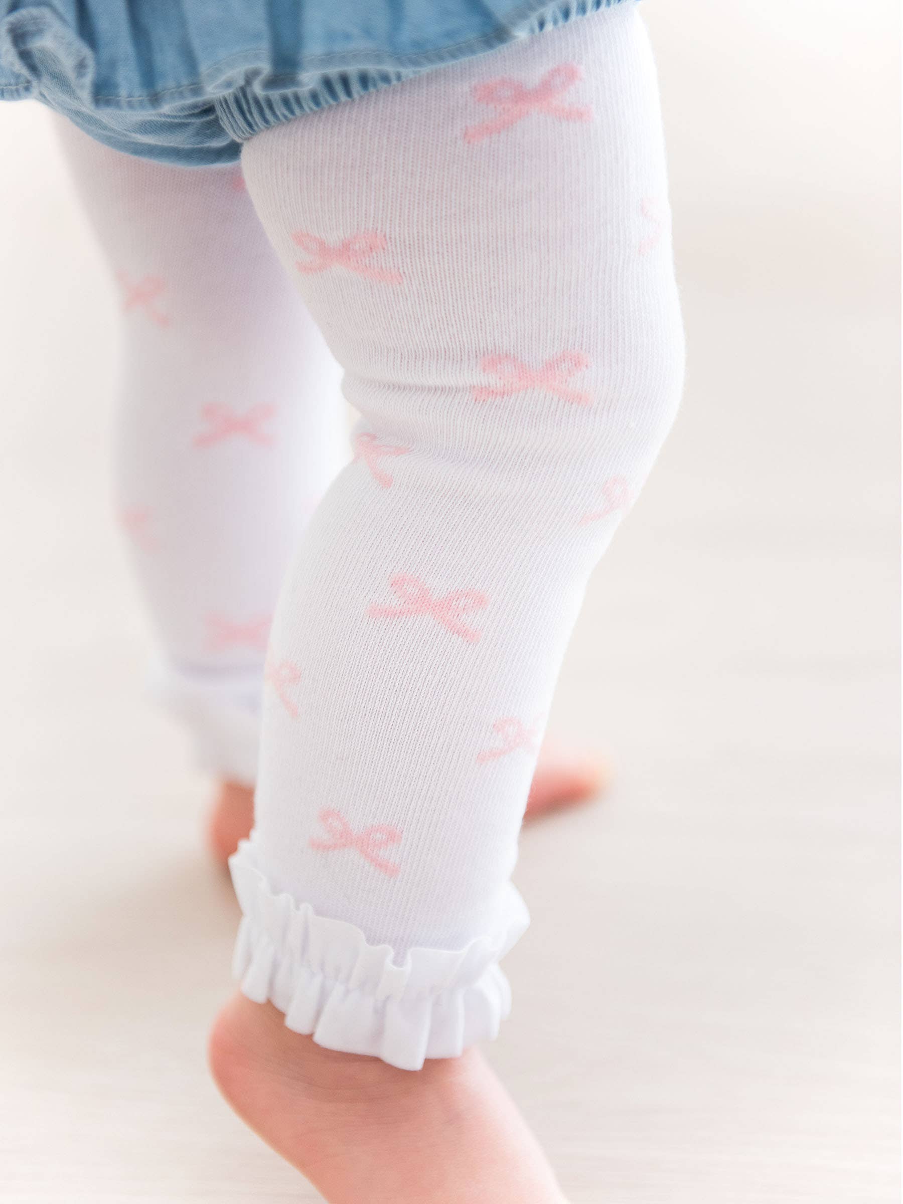 Girls Pink Bows Patterned Footless Ruffle Tights