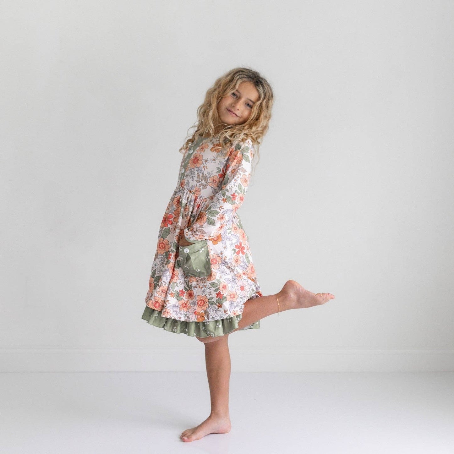 Kids Sage & Rust Fall Floral Button Dress With Pockets